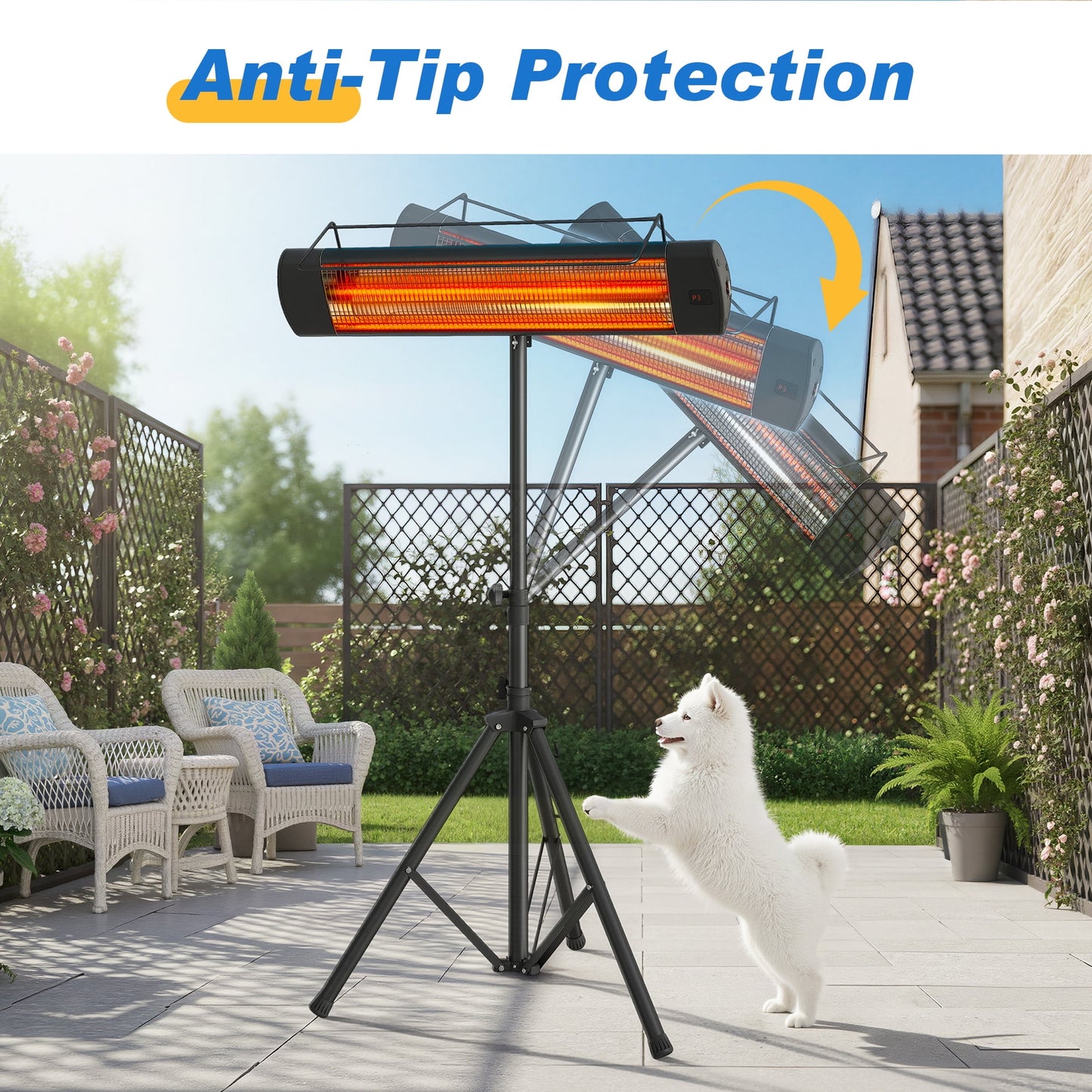Heynemo Patio Heater for outdoor/Indoor Use, 1500W Electric Infrared Heater with 24H Timer, IP65 Waterproof, Tip-over Protection, Electric Outdoor Heater with Tripod for Garage, Backyard