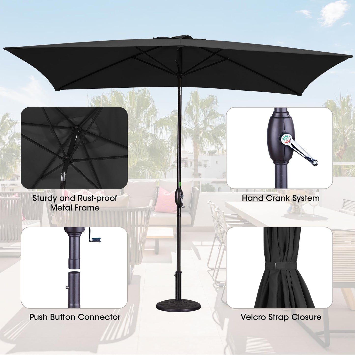 Mayincolor 6.5 x 10 Ft Rectangular Patio Umbrella Aluminum Pole, Outdoor Table Market Umbrella with Crank, 6 Steel Ribs, Polyester Canopy, Black