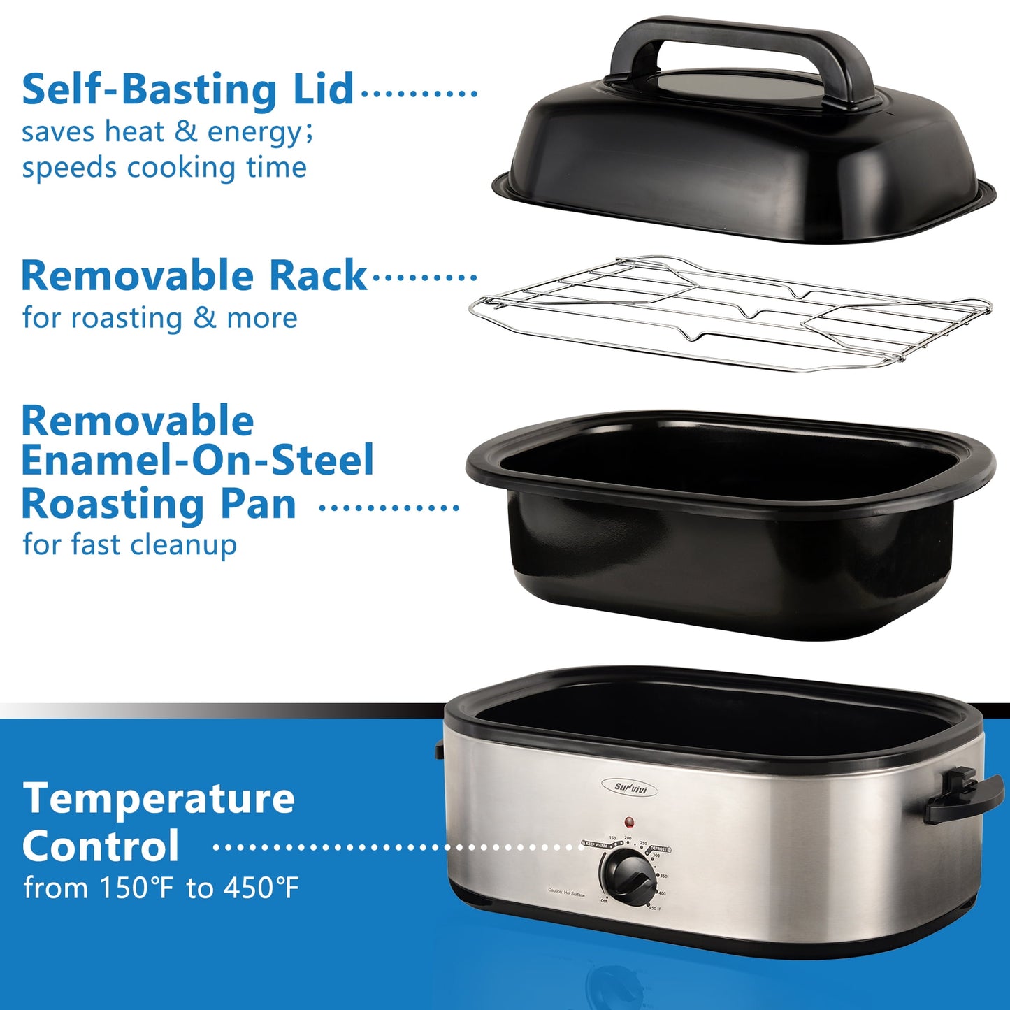 Superjoe 22 Quart Roaster Oven Turkey Oven Chicken Roaster for Cooking Warming, Stainless Steel Silver