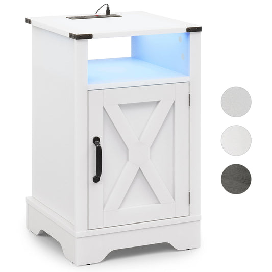 LED Nightstand with Charging Station, Farmhouse Wooden Side Table, Bedside Table with Storage Cabinet and Shelf, Rustic End Table for Bedroom, Living Room