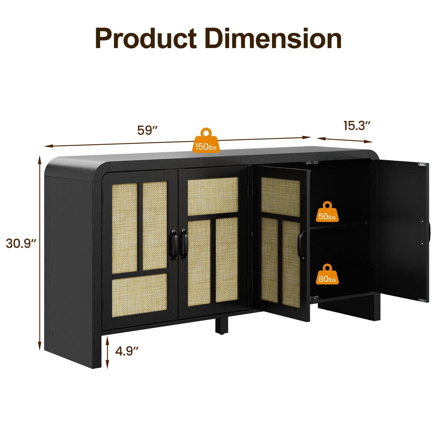 Heynemo 59'' Storage Cabinet with 4 Rattan Door (Set of 2), Boho Sideboard Buffet Cabinet with Adjustable Shelves, Large Entryway Table for Kitchen, Hallway, Dining Room, Living Room, Office, Black