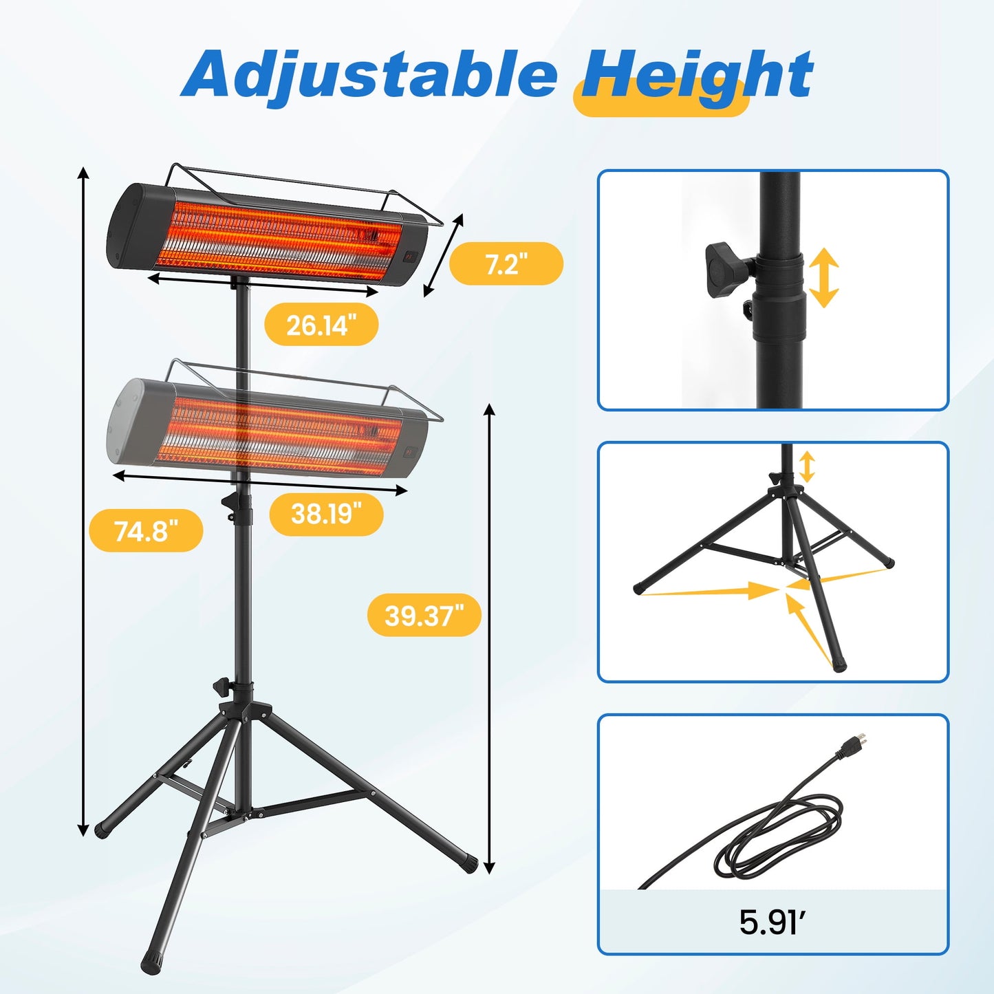 Heynemo Patio Heater for outdoor/Indoor Use, 1500W Electric Infrared Heater with 24H Timer, IP65 Waterproof, Tip-over Protection, Electric Outdoor Heater with Tripod for Garage, Backyard