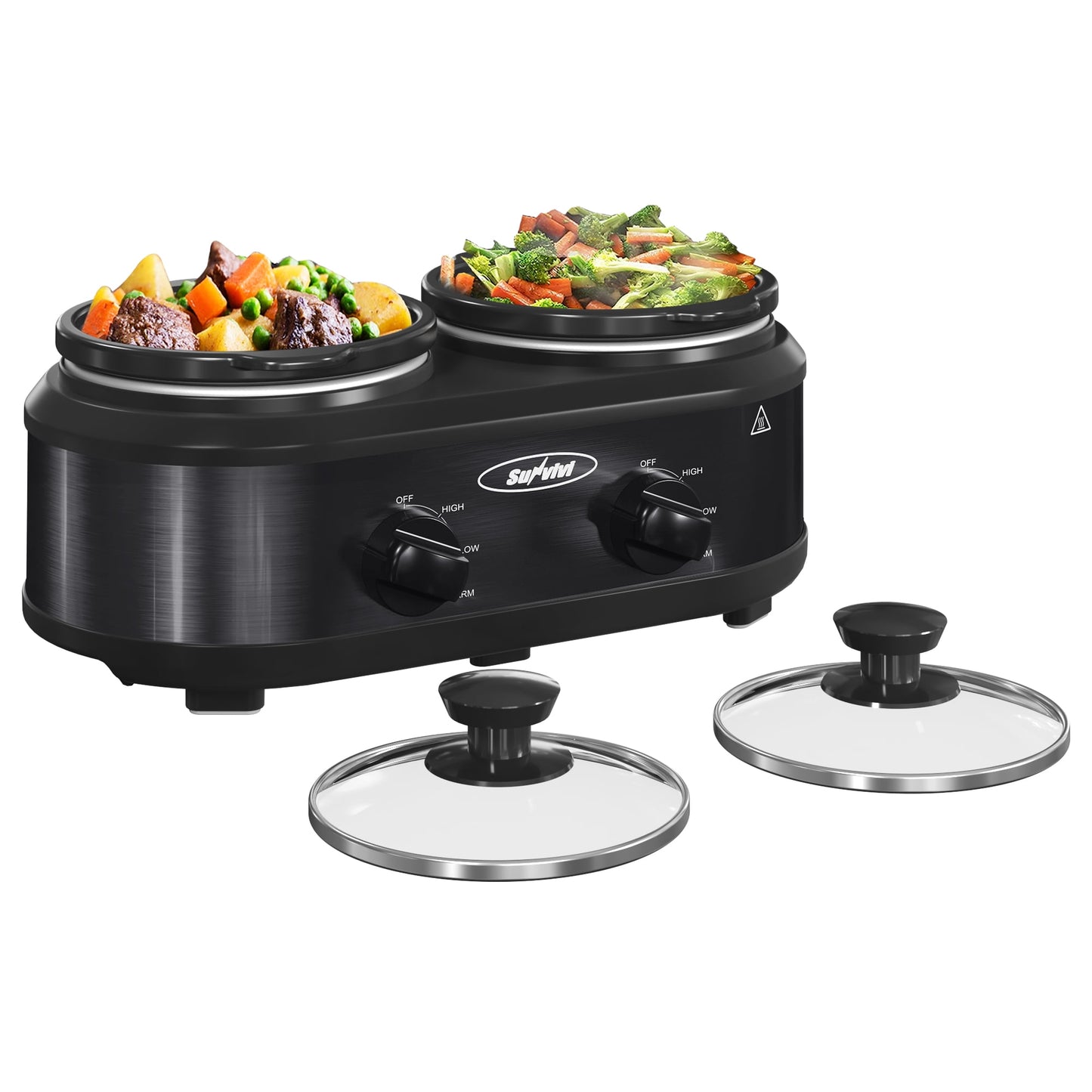 Sunvivi Double Slow Cooker Mini Buffet Server - Dual 2.5QT Pots, Stainless Steel, Black