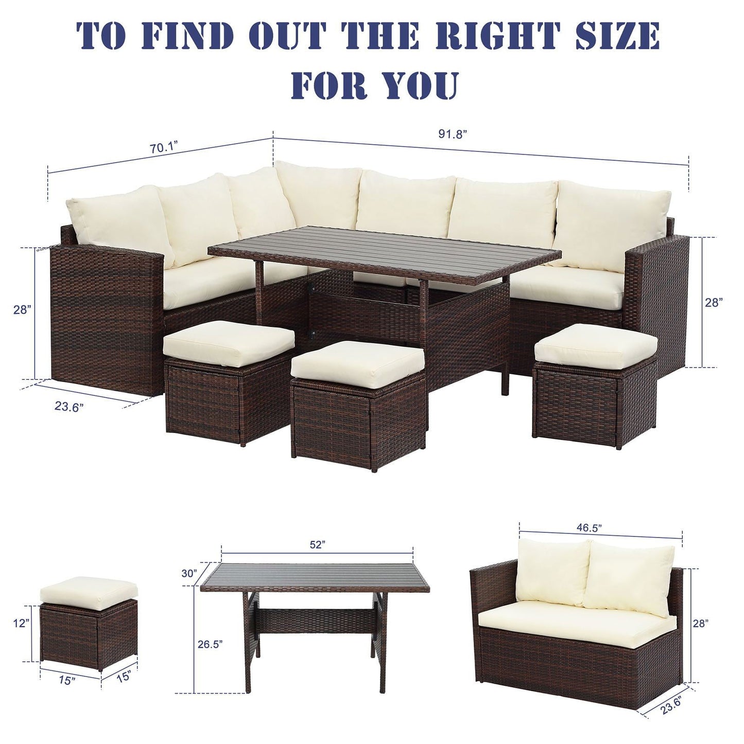 Superjoe 7 Pcs Outdoor Conversation Set All Weather Wicker Sectional Sofa Set Dining Table Chair and Ottoman,Steel Frame,Ivory