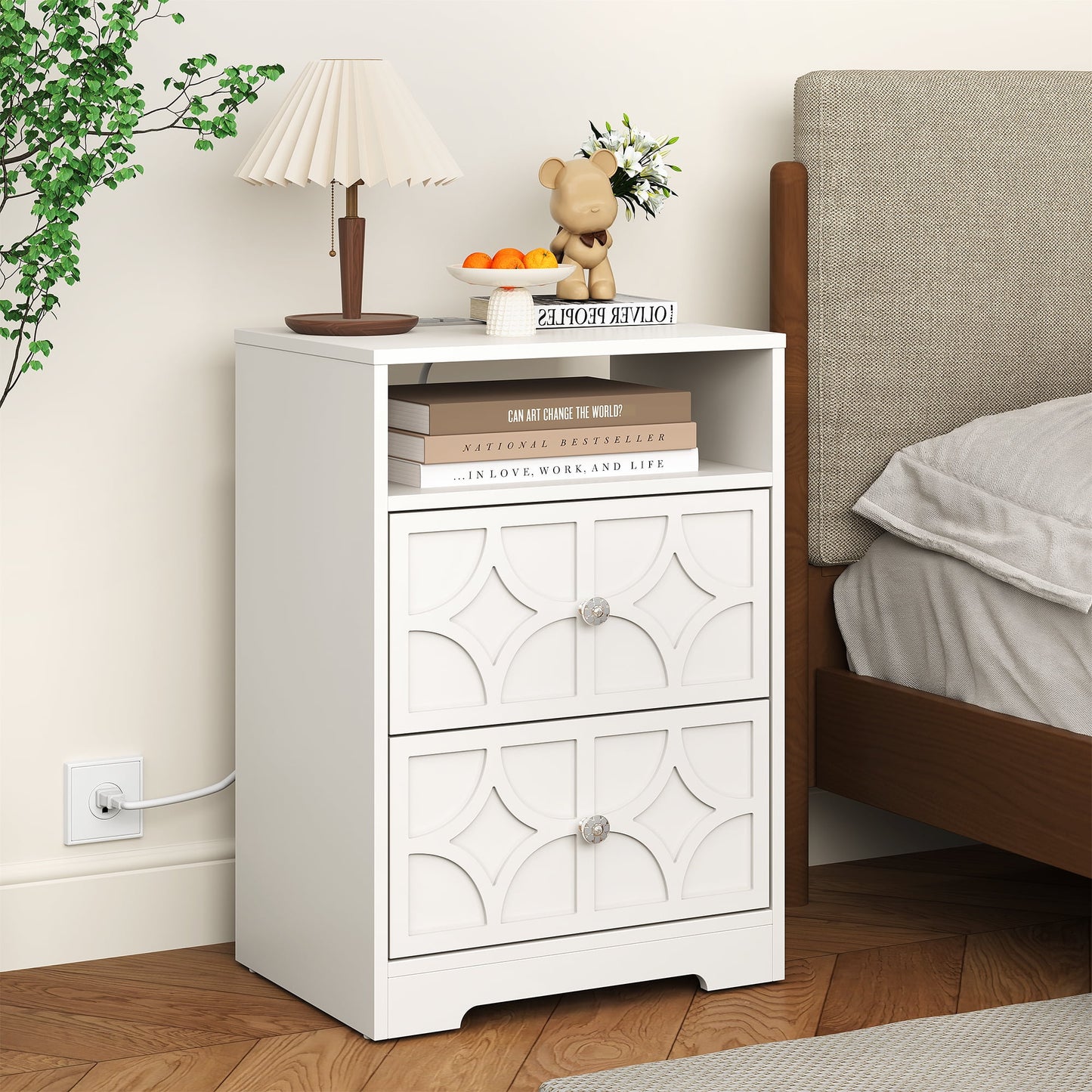May in Color Large Nightstand with 2 Drawers, Modern Side Table with Charging Station and Diamond Carvings, Accent End Table for Living Room, Bedroom, Entryway, White