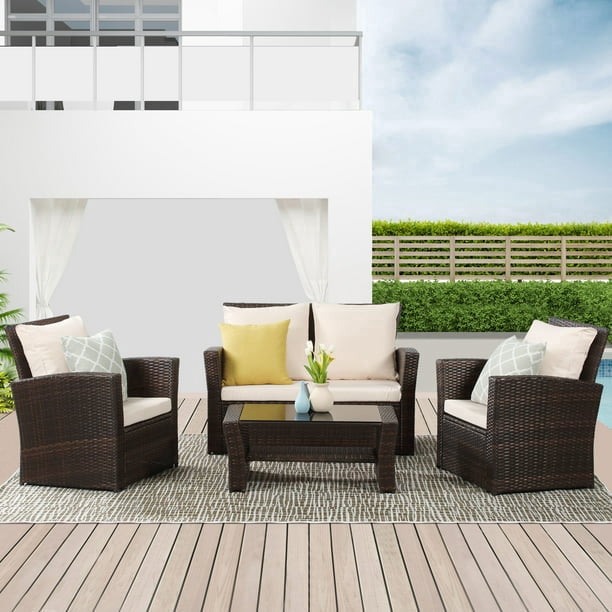 Cozyhom 4 Piece Rattan Outdoor Patio Sofa Furniture Sets, Wicker Conversation Couch Sets Rattan Sofa Chair With Cushion For Backyard Lawn Garden, Brown