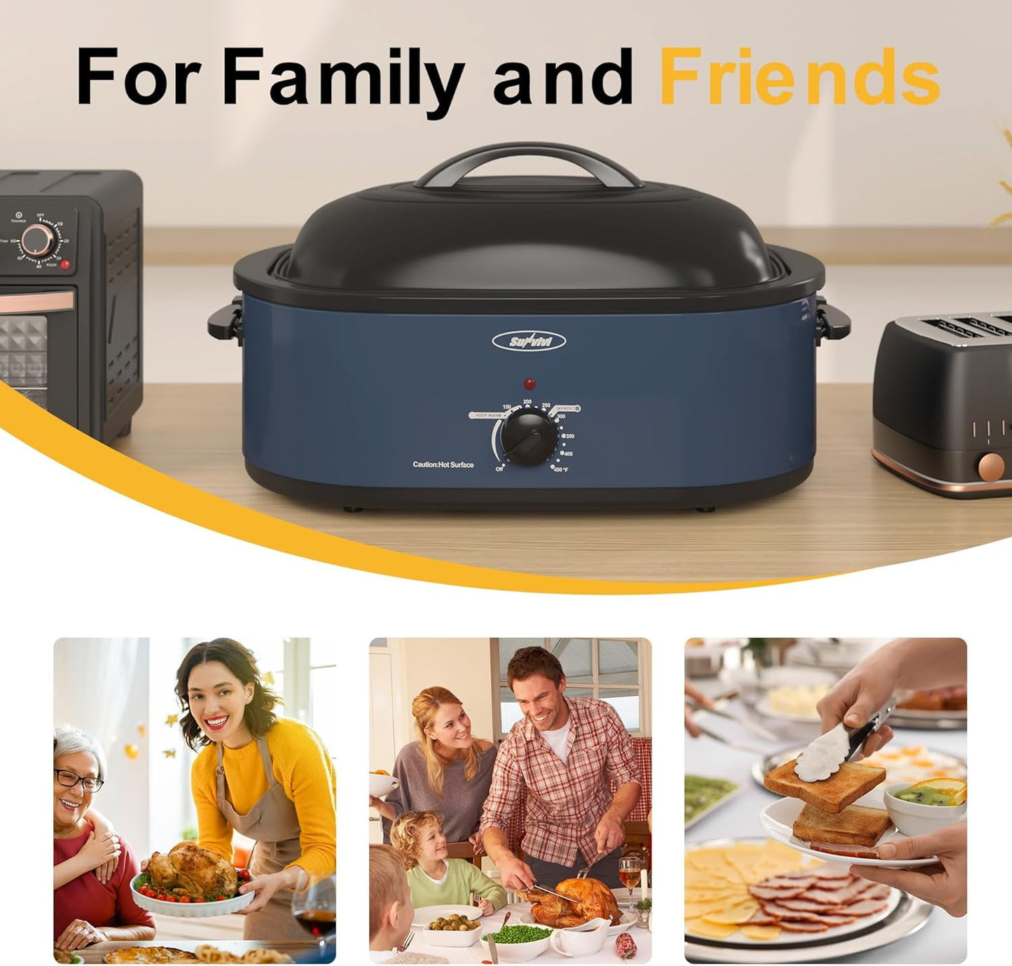CozyHom 18 Quart Electric Roaster Oven with Self-Basting Lid, Turkey Roaster Oven Buffet with Removable Pan, Cool-Touch Handles, Blue