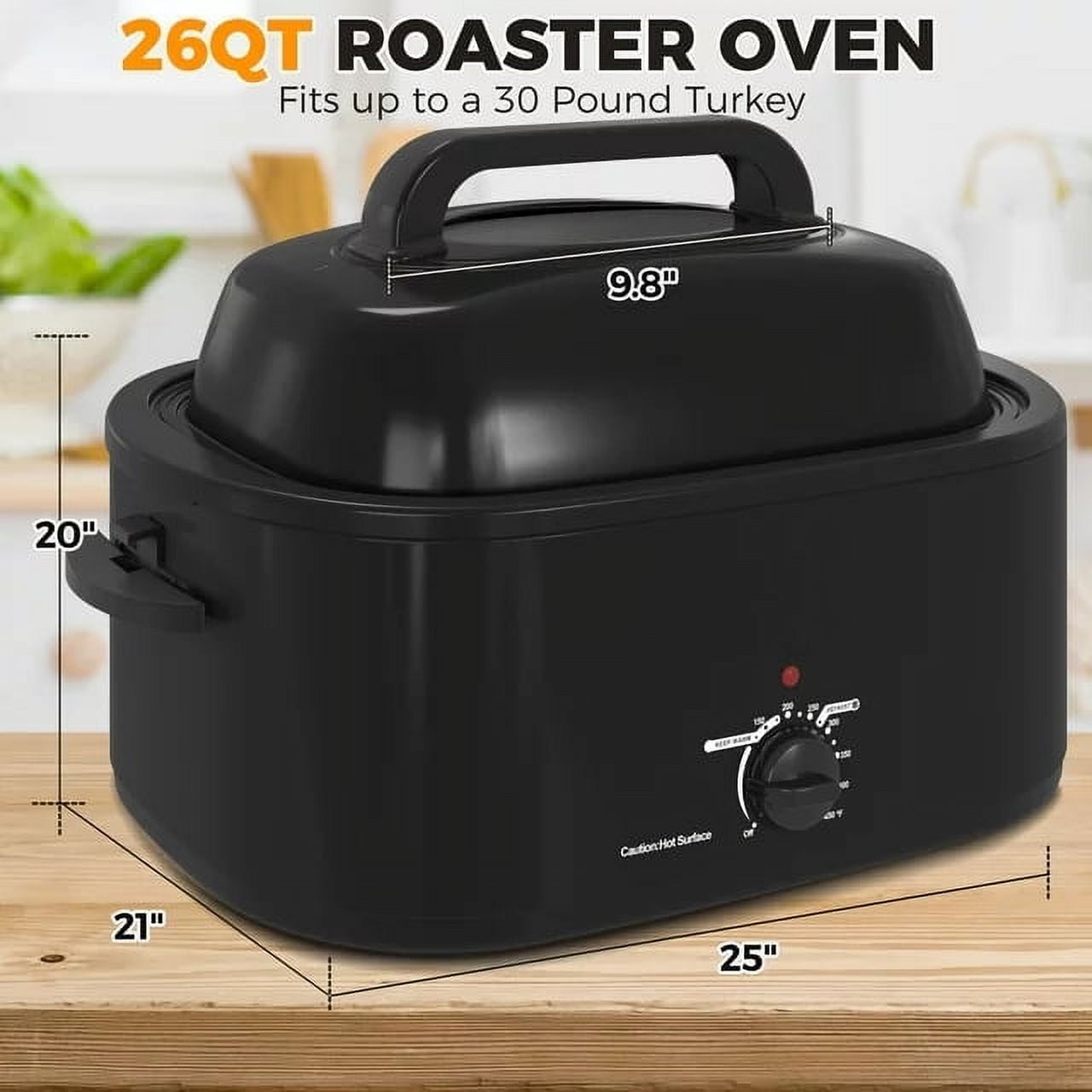 CozyHom 26 Quart Electric Roaster Oven Stainless Steel Turkey Roaster Oven, Self-Basting Lid Removable Insert Pot, Black