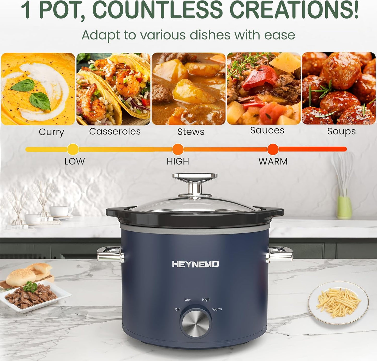 Superjoe 2 Quart Slow Cooker, Small Slow Cooker with Removable Ceramic Pot, Slow Cooker Food Warmer with 3 Heating Settings & Dishwasher Safe Glass Lid, Blue