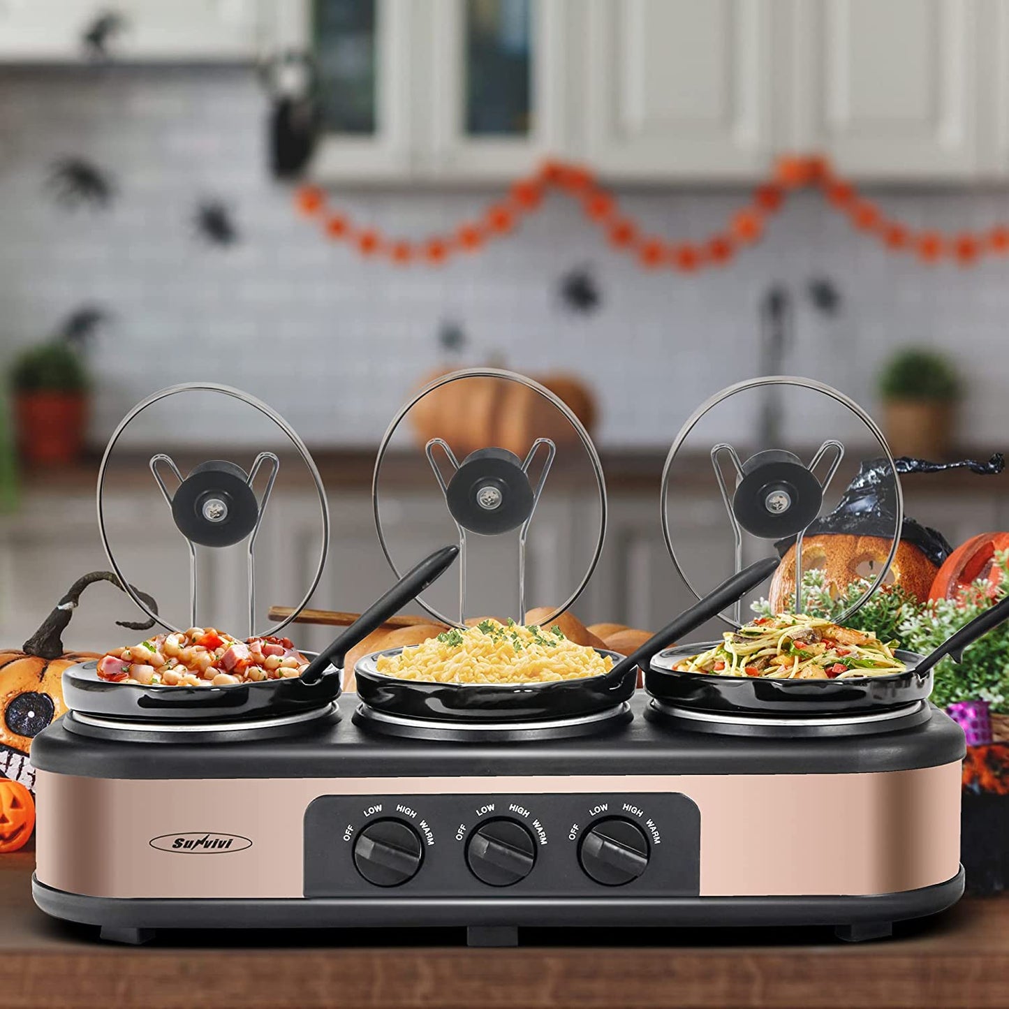 Sunvivi 1.5 Quart Triple Slow Cooker Buffet Server with 3 Ceramic Pots and Glass Lids, 4.5 Qt