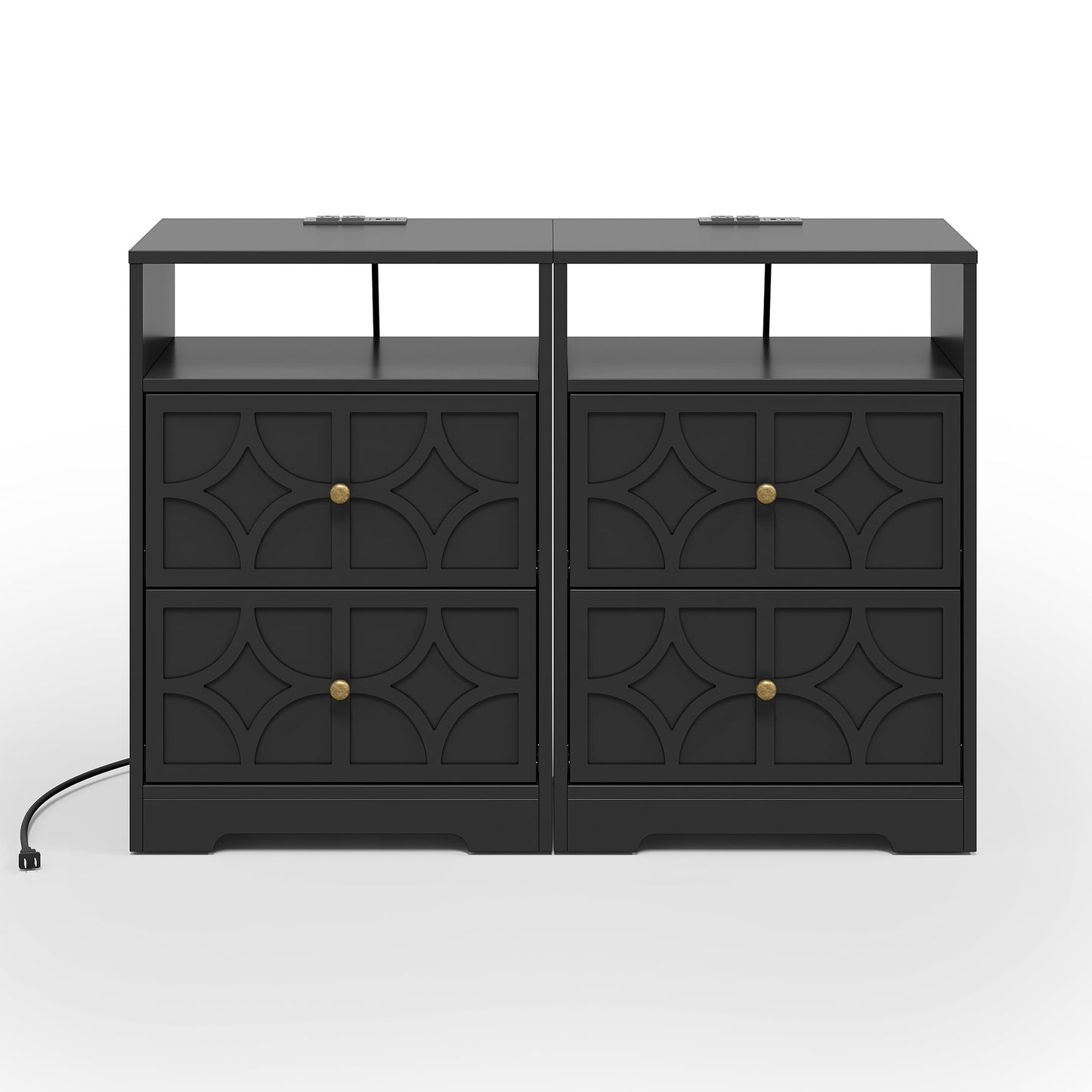 May in Color Large Nightstand with 2 Drawers, Modern Side Table with Charging Station and Diamond Carvings, Accent End Table for Living Room, Bedroom, Entryway, Black, Set of 2