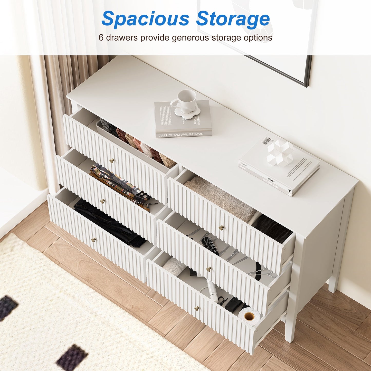 May in Color Fluted 6 Drawer Dresser, Wide Modern Chest of Drawers, Large Wood Storage Cabinet Organizer for Bedroom, Living Room, Hallway, Entryway, White