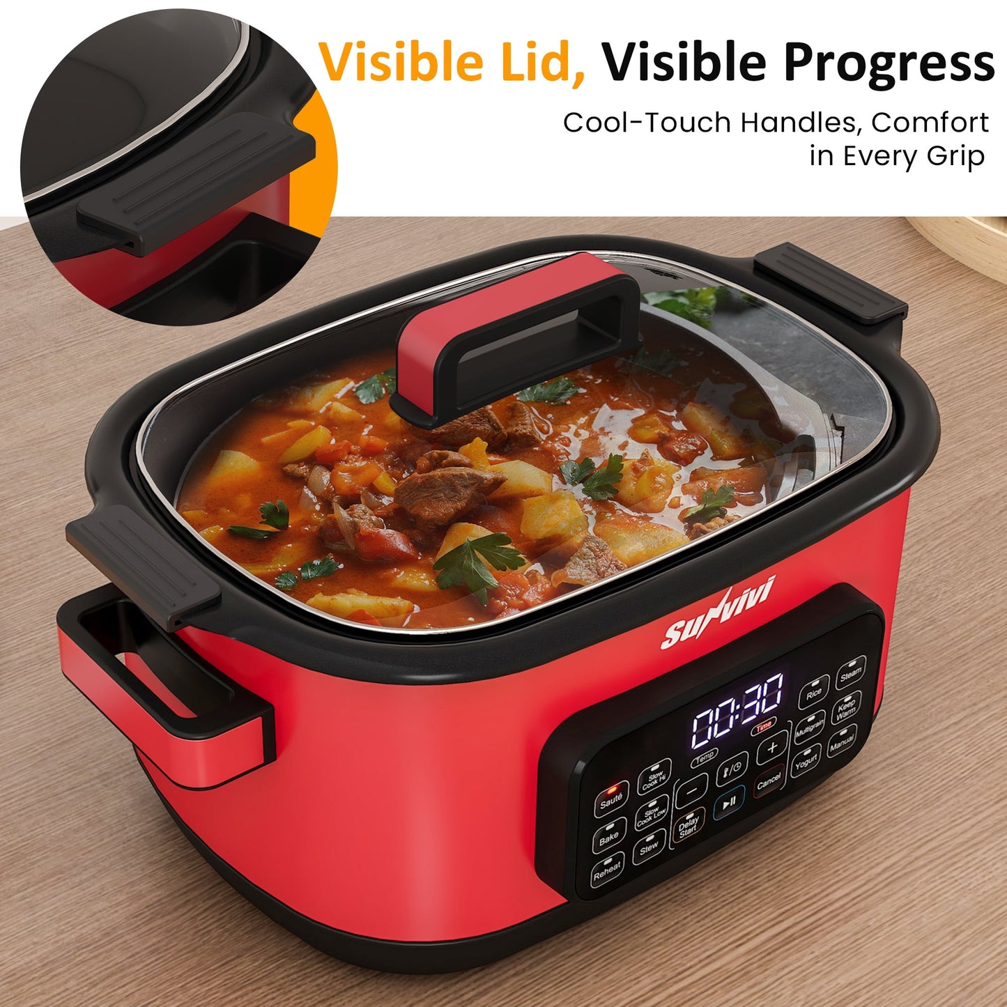 Heynemo 6.5QT Digital Multi Cooker, 12-in-1 Slow Cooker & Roaster with Timer, Temp Control, Delay Start, Nonstick Pot, Red