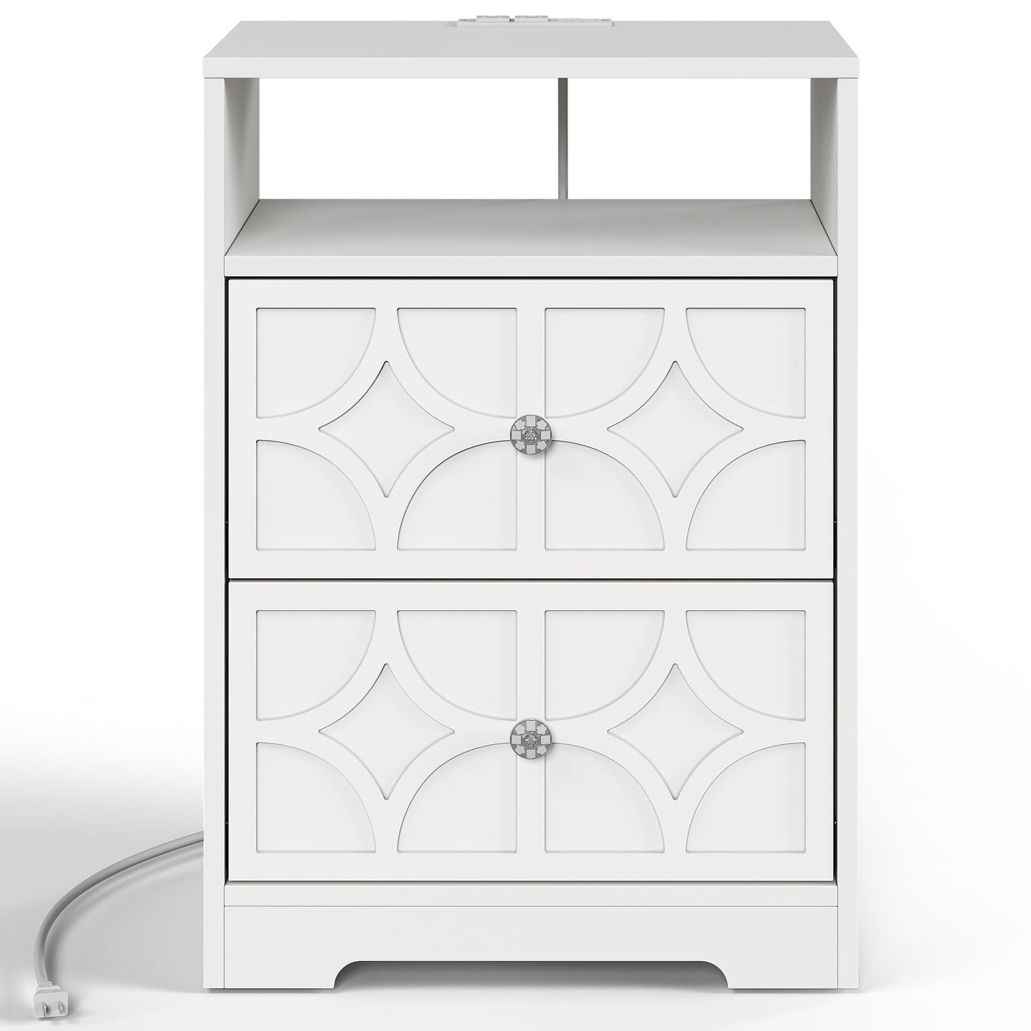 Heynemo Modern Accent Side Table with 2 Drawers, Gold Knobs, and Diamond Carvings, Large Night Stand for Living Room, Bedroom, Entryway, White