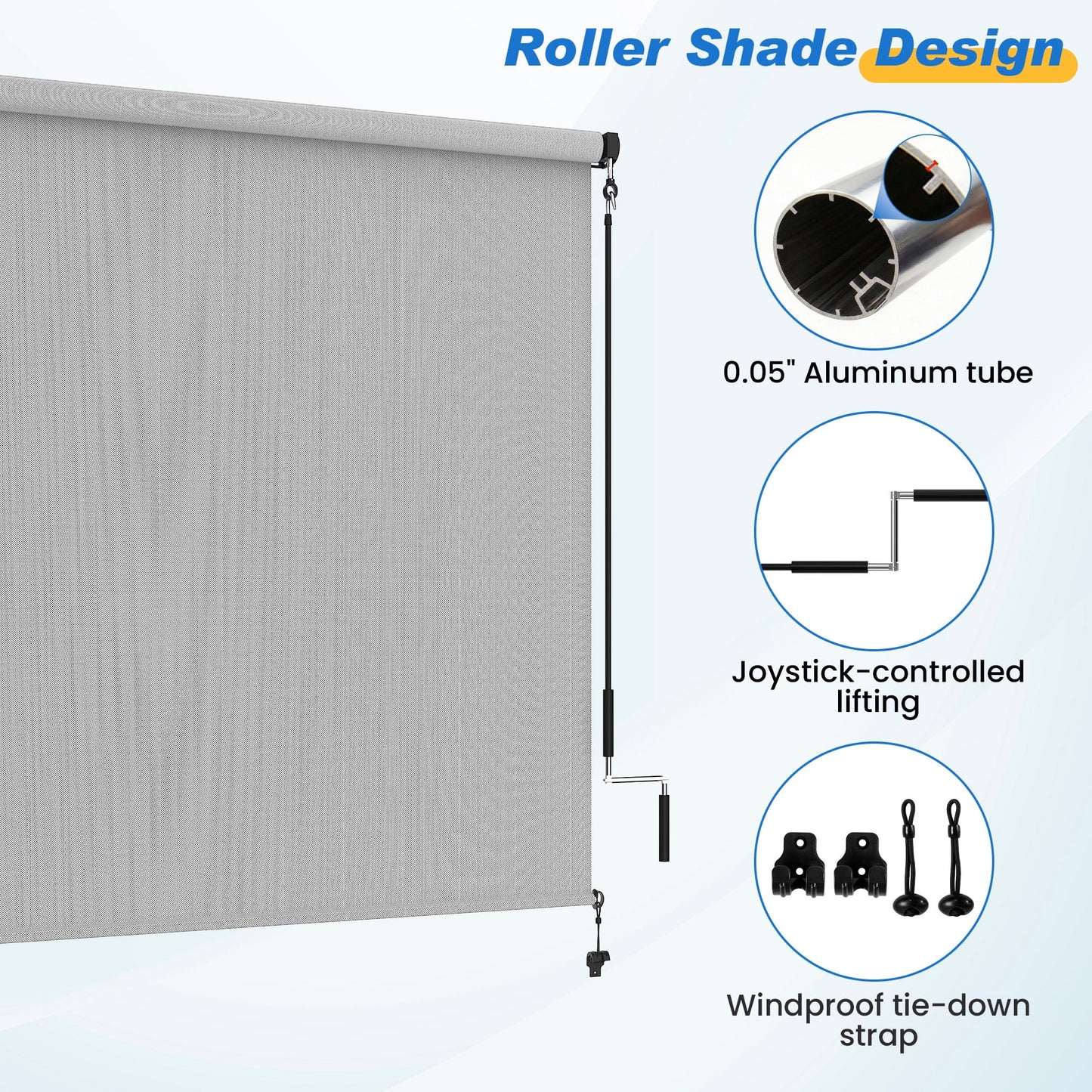 Heynemo 6'x 8' Outdoor Roller Shade, Cordless Patio Shade with Crank Handle, 95% UV Protection Outdoor Blind for Porch, Gazebo, Pergola, Gray