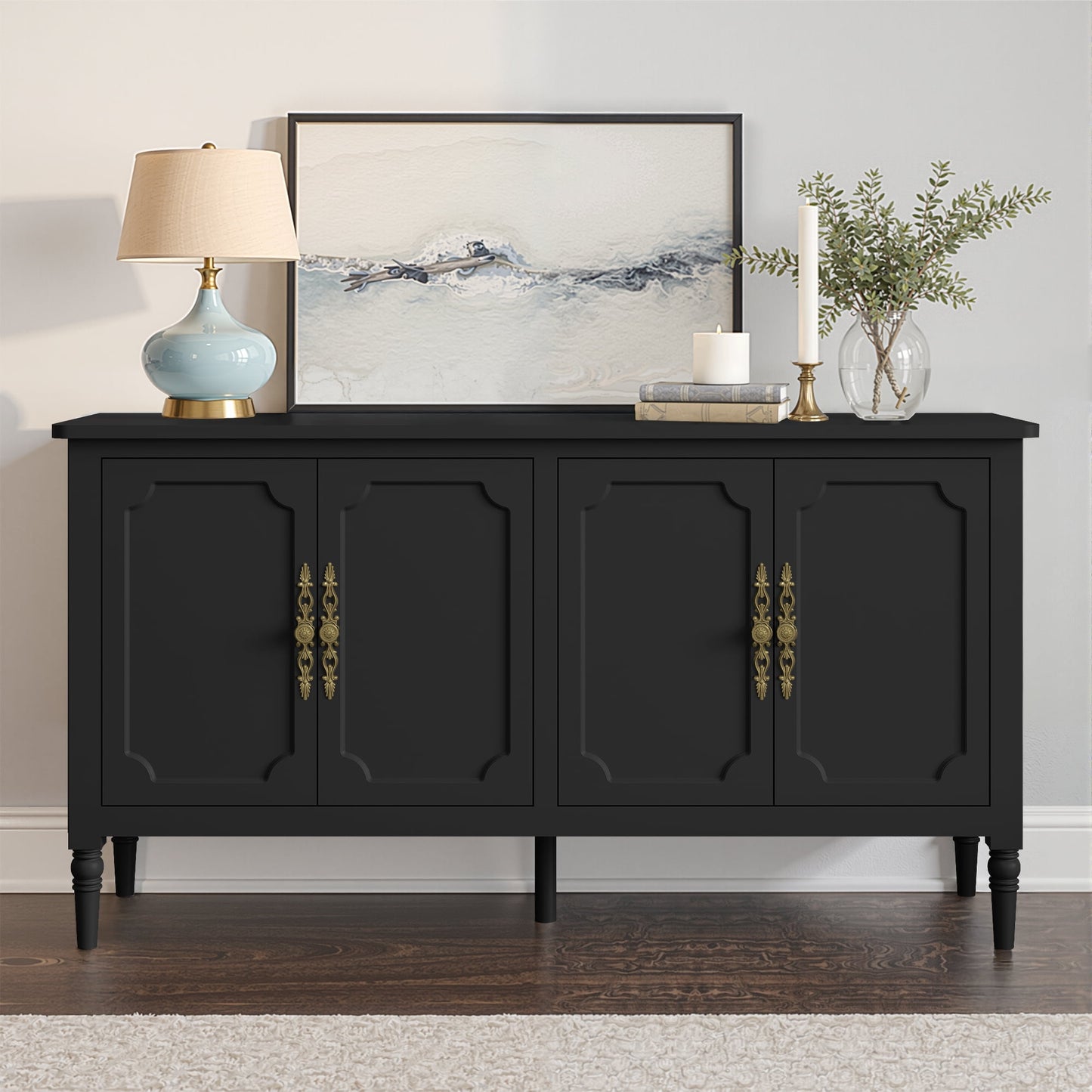 May in Color 58" Wood Buffet Cabinet, Mid-Century Modern Console Cabinet, with 4 Door & Media Storage, for Entryway, Living Room, Dining Room, Bedroom, Black