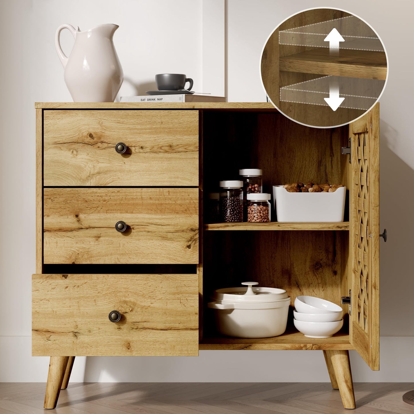 RoyalCraft Accent Cabinet with Doors, Entryway Cabinet with Oak Legs, Wooden Decorative Sideboard with Adjustable Shelf & Doors for Living Room (Natural With Door & 3 Drawers, 2)
