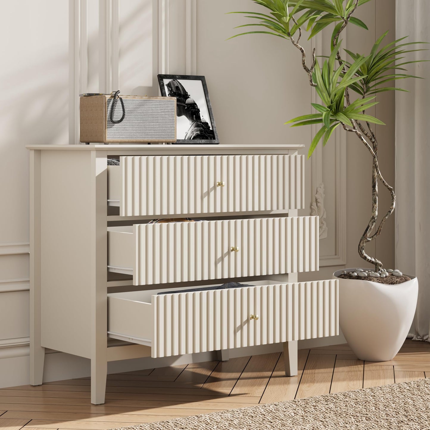 May in Color Large Fluted 3 Drawer Dresser, Wide Modern Nightstand Cabinet for Bedroom, Living Room, Entryway, Beige