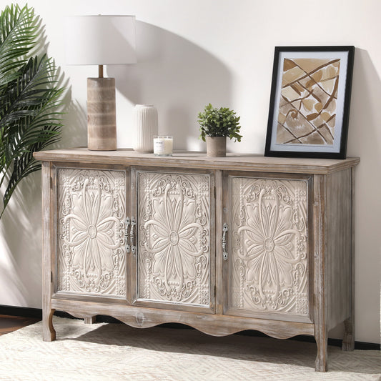 Heynemo Vintage Storage Cabinet with 3 Carved Doors, Rustic Buffet Sideboard for Kitchen, Dining Room, Living Room, Bedroom, Wash Gray