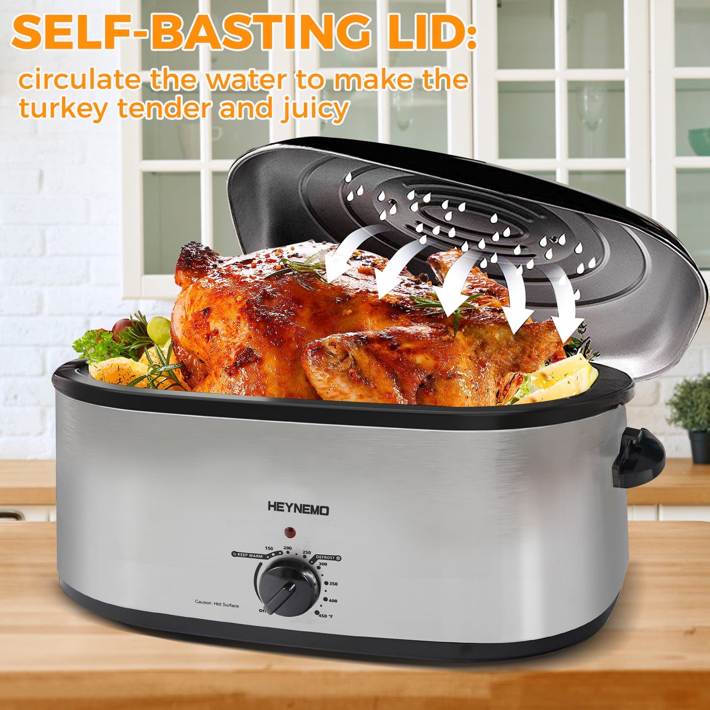 Superjoe 20 QT Roaster Oven with Self-Basting Lid, Electric Turkey Roaster Oven with Removable Pan & Rack, Stainless Steel