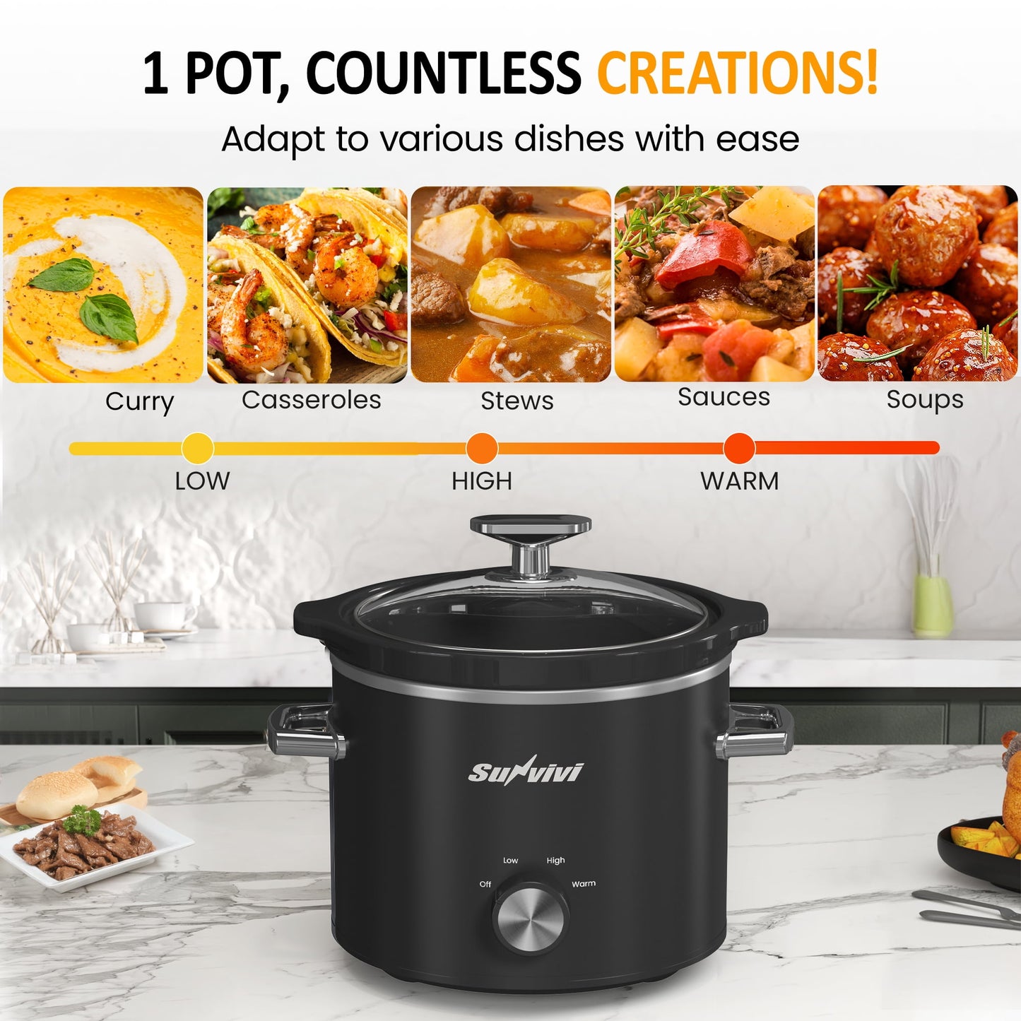 2QT Small Slow Cooker with Removable Ceramic Pot, 3 Heating Settings, Dishwasher-Safe Glass Lid, Black