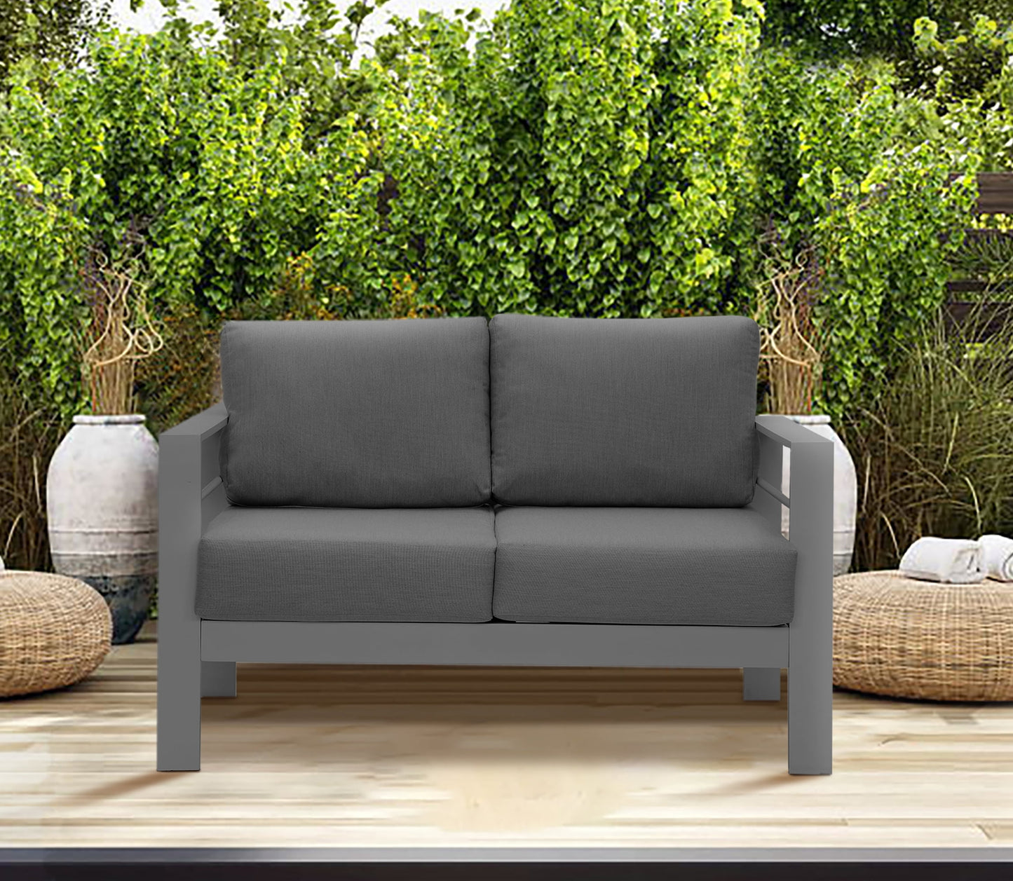 Superjoe Outdoor 2-Seat Patio Aluminum Loveseat Sofa Couch Furniture with Light Grey Cushions, Grey