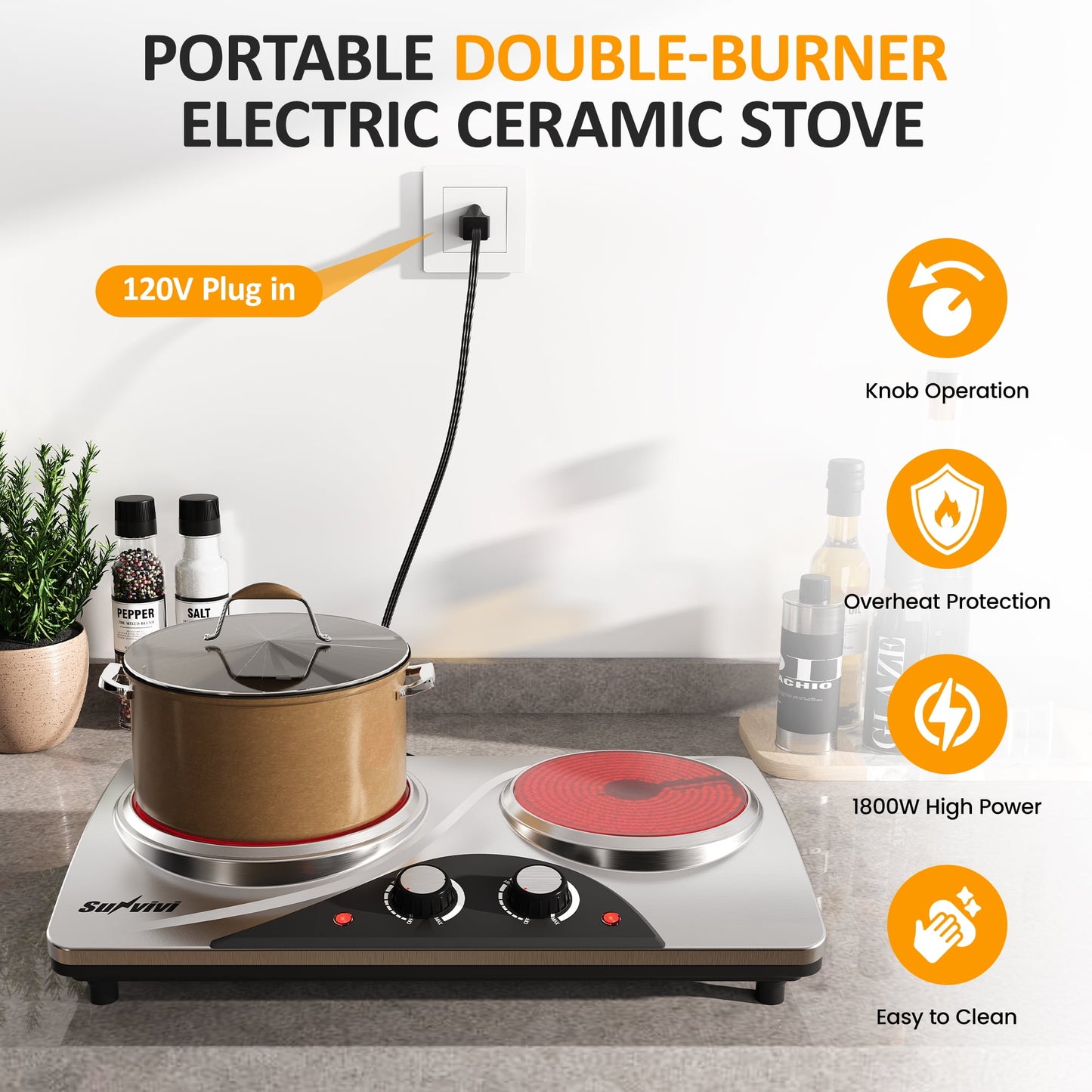 Sunvivi Dual 1800W Burner Electric Ceramic Stove - Knob Control, Indicator Light - Silver