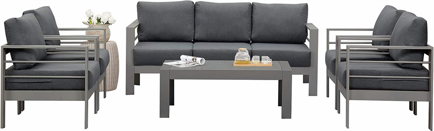 Heynemo 6 Pcs Patio Furniture Set Aluminum Conversation Set Outdoor Sofa with Coffee Table, White