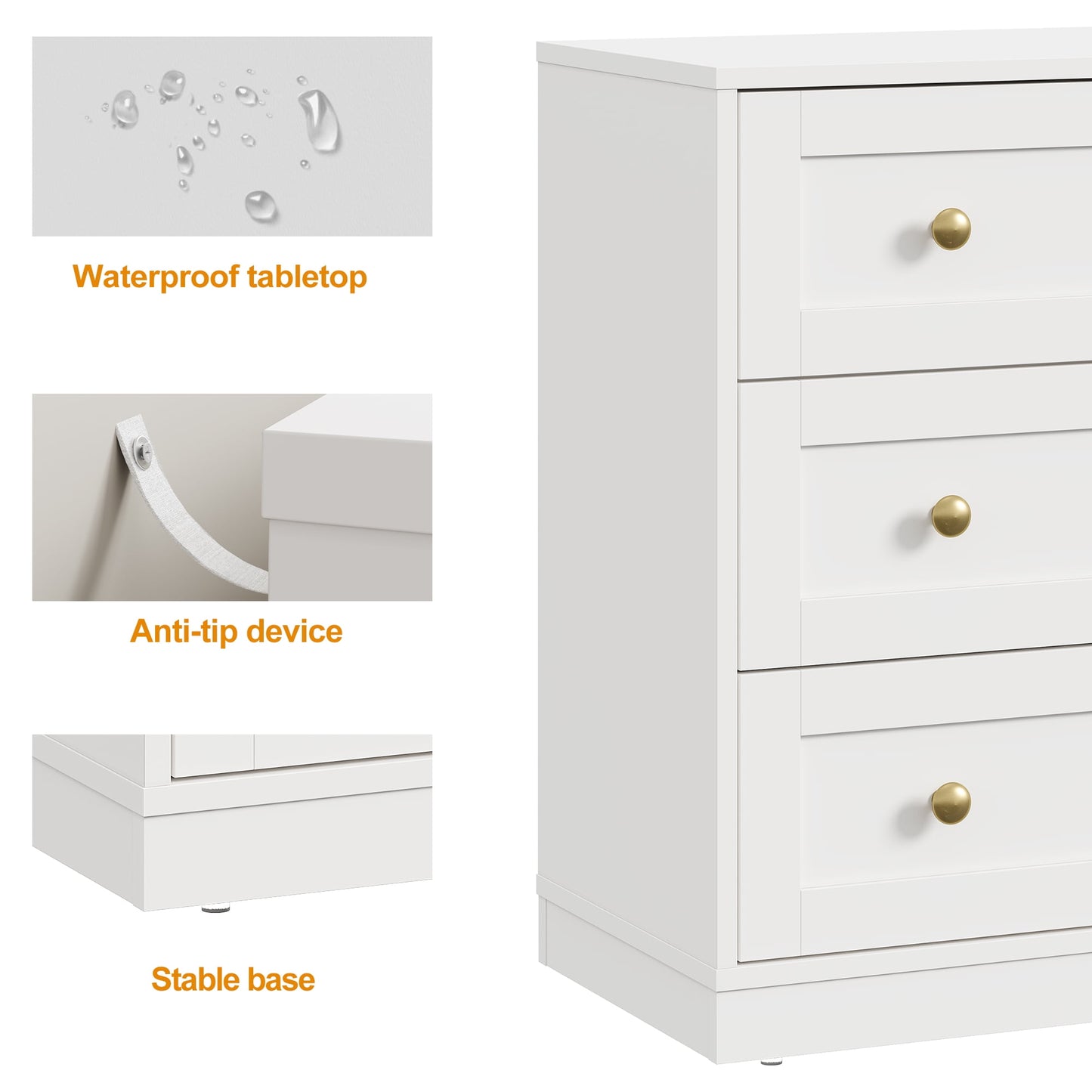 May in Color 3 Drawer Nightstand Set of 2, Modern White End Table with Gold Knobs, White