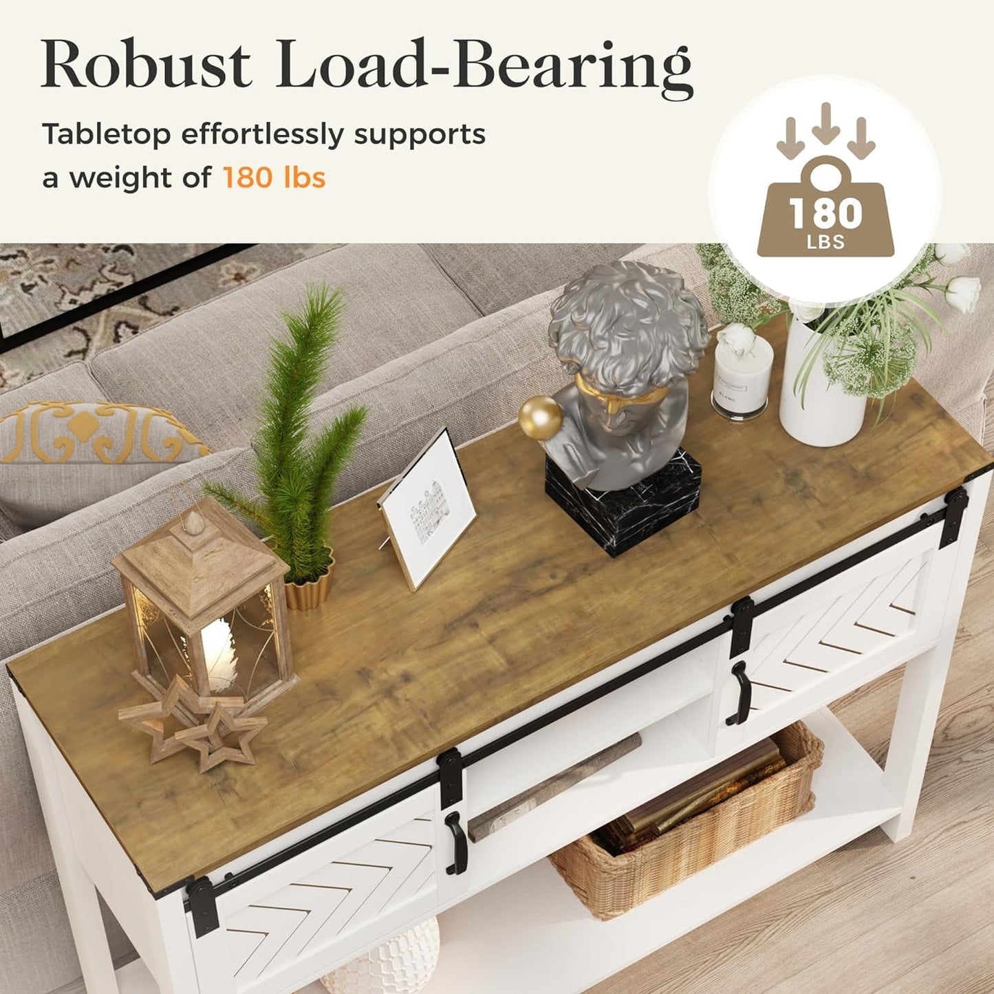 May in Color 46" Entryway Table with Storage, Farmhouse Console Table, for Hallway, Living Room,White and Rustic Oak