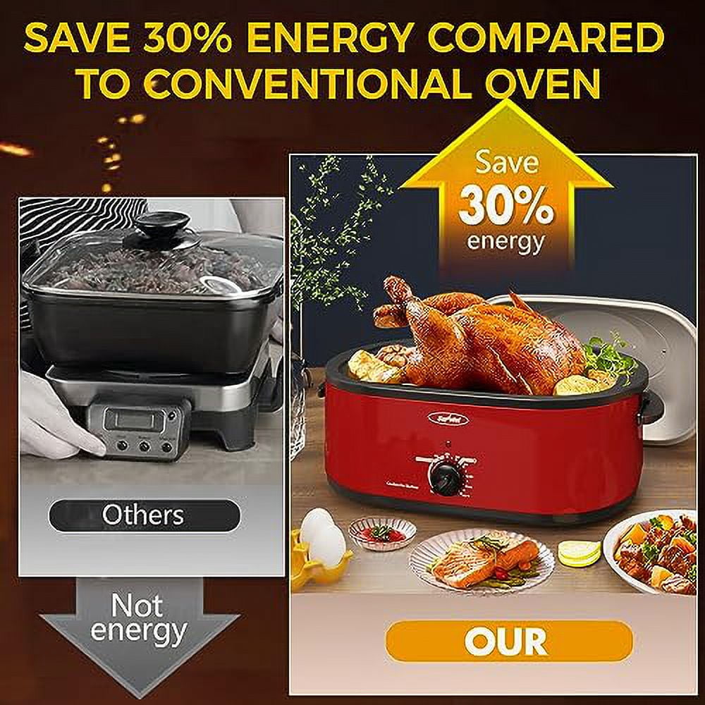 Sunvivi 26 Quart Electric Turkey Roaster Oven with Visible Glass Lid,Removable Pan & Rack, Stainless Steel,Red