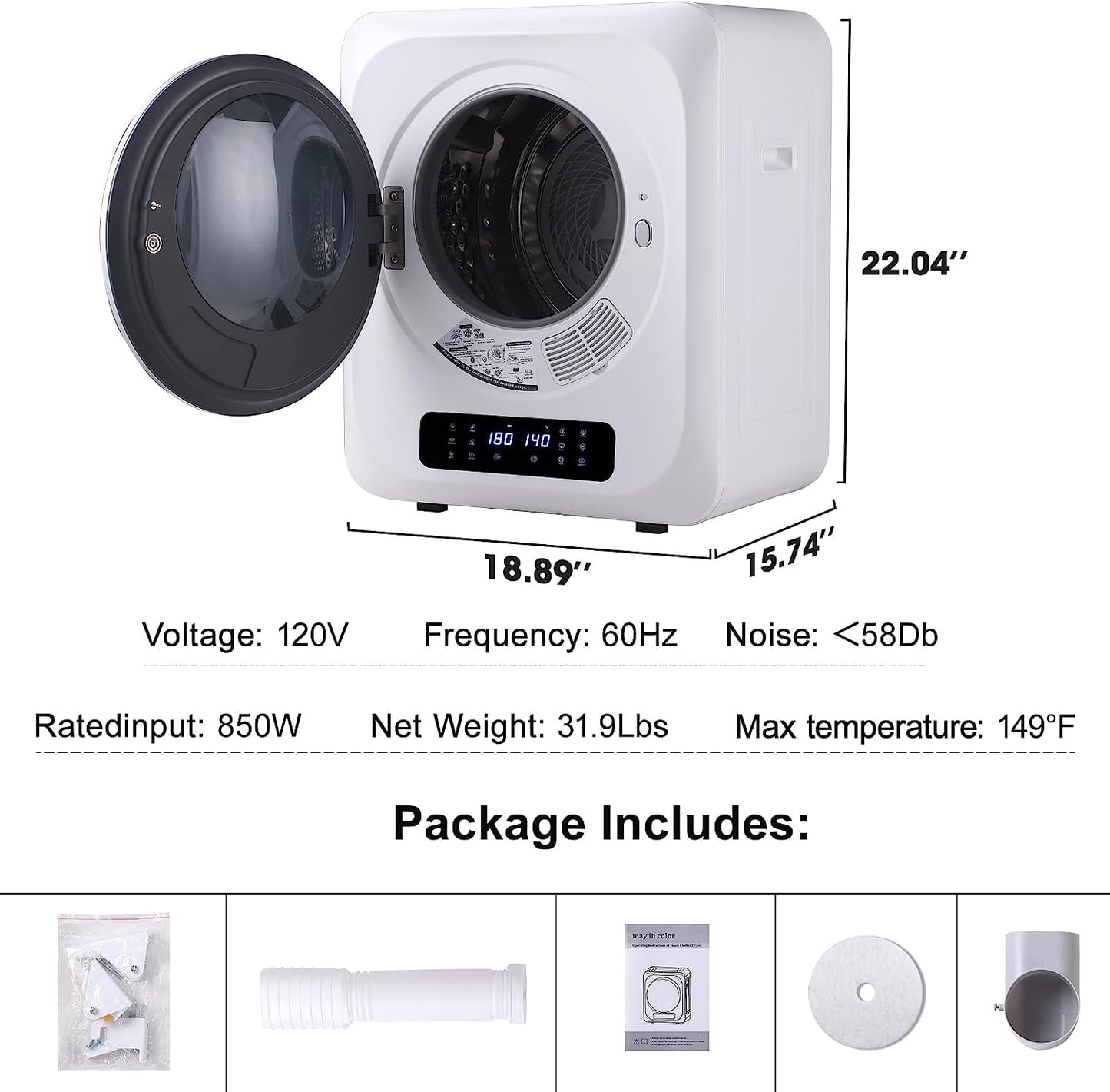 Portable Clothes Dryer 8.8 Lbs Compact Electric Dryer with Smart Moisture Sensor 850W Dryer with LCD Control Panel Tumble for RV Apartment Dorm Home, White