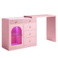May in Color Pink Extendable Vanity with LED Lights, Rotatable L?Shaped Makeup Vanity Desk, 5 Drawers & Arched Glass Cabinet, Multi?Purpose Desk for Working, Studying, Drawing, Sewing, Nail Care