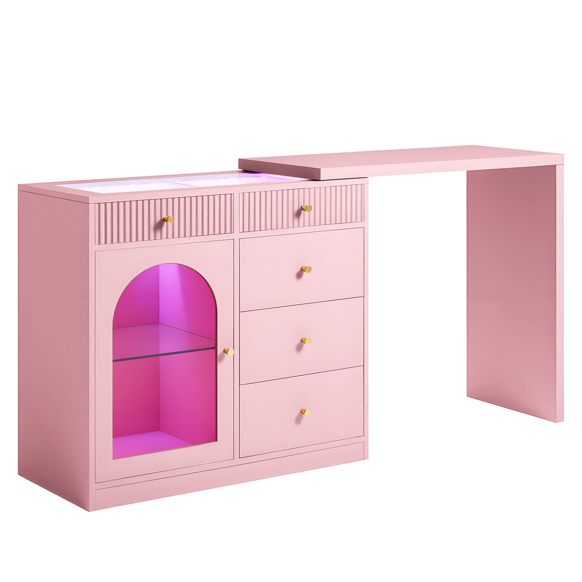 May in Color Pink Extendable Vanity with LED Lights, Rotatable L?Shaped Makeup Vanity Desk, 5 Drawers & Arched Glass Cabinet, Multi?Purpose Desk for Working, Studying, Drawing, Sewing, Nail Care