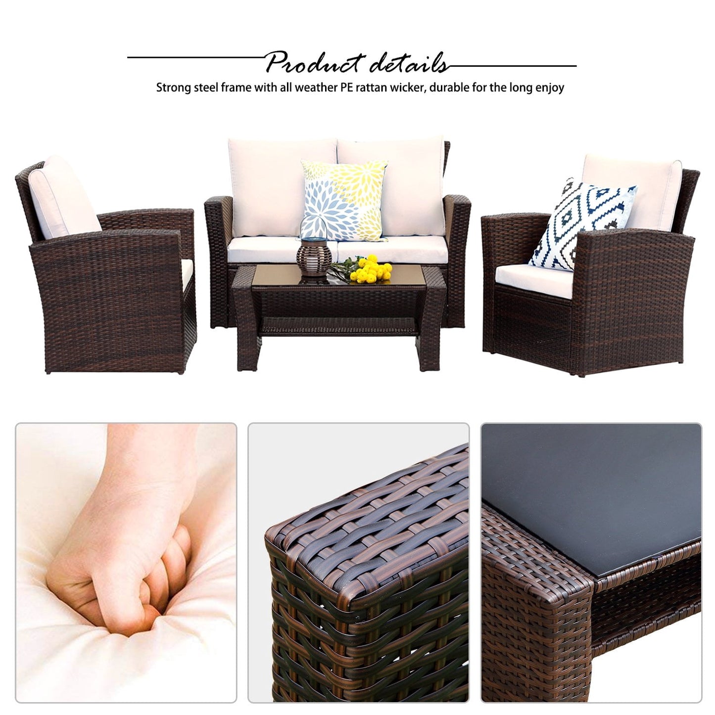 Cozyhom 4 Piece Rattan Outdoor Patio Sofa Furniture Sets, Wicker Conversation Couch Sets Rattan Sofa Chair With Cushion For Backyard Lawn Garden, Brown
