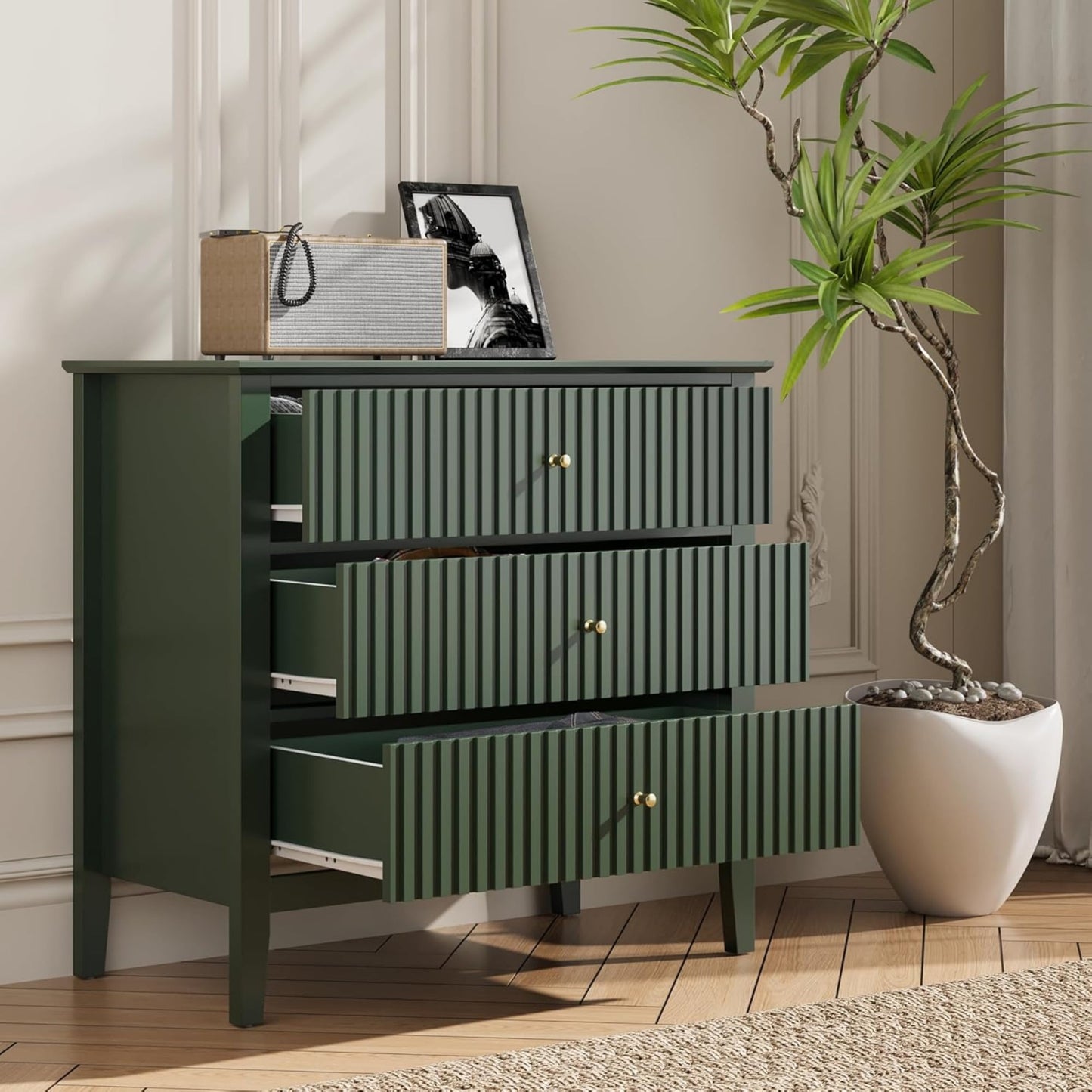 Heynemo Green 3 Drawer Dresser, Painted 30 Inch Tall Wood Nightstand with Storage, Wide Modern Chest of Drawers with Ball Bearing Slide for Bedroom Hallway Living Room Entryway Office
