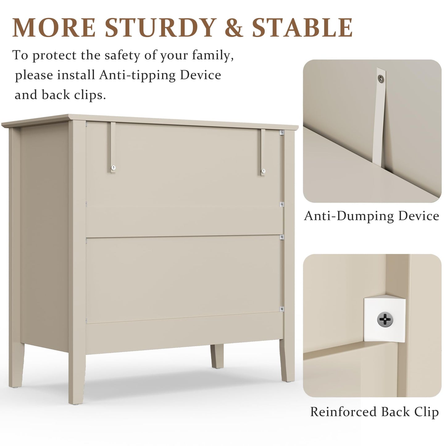 May in Color Large Fluted 3 Drawer Dresser, Wide Modern Nightstand Cabinet for Bedroom, Living Room, Entryway, Beige