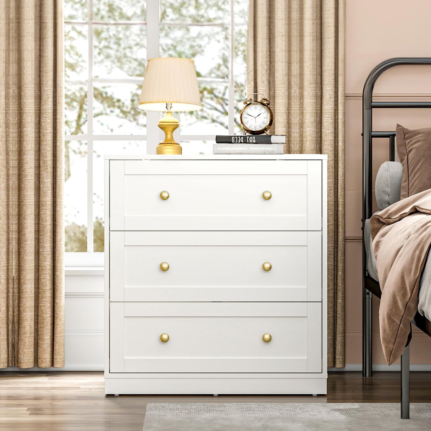 May in Color White 3 Drawer Dresser Set of 2, Modern Chest of Drawers with Gold Dresser Knobs, for Bedroom, Hallway, Closets, Living Room