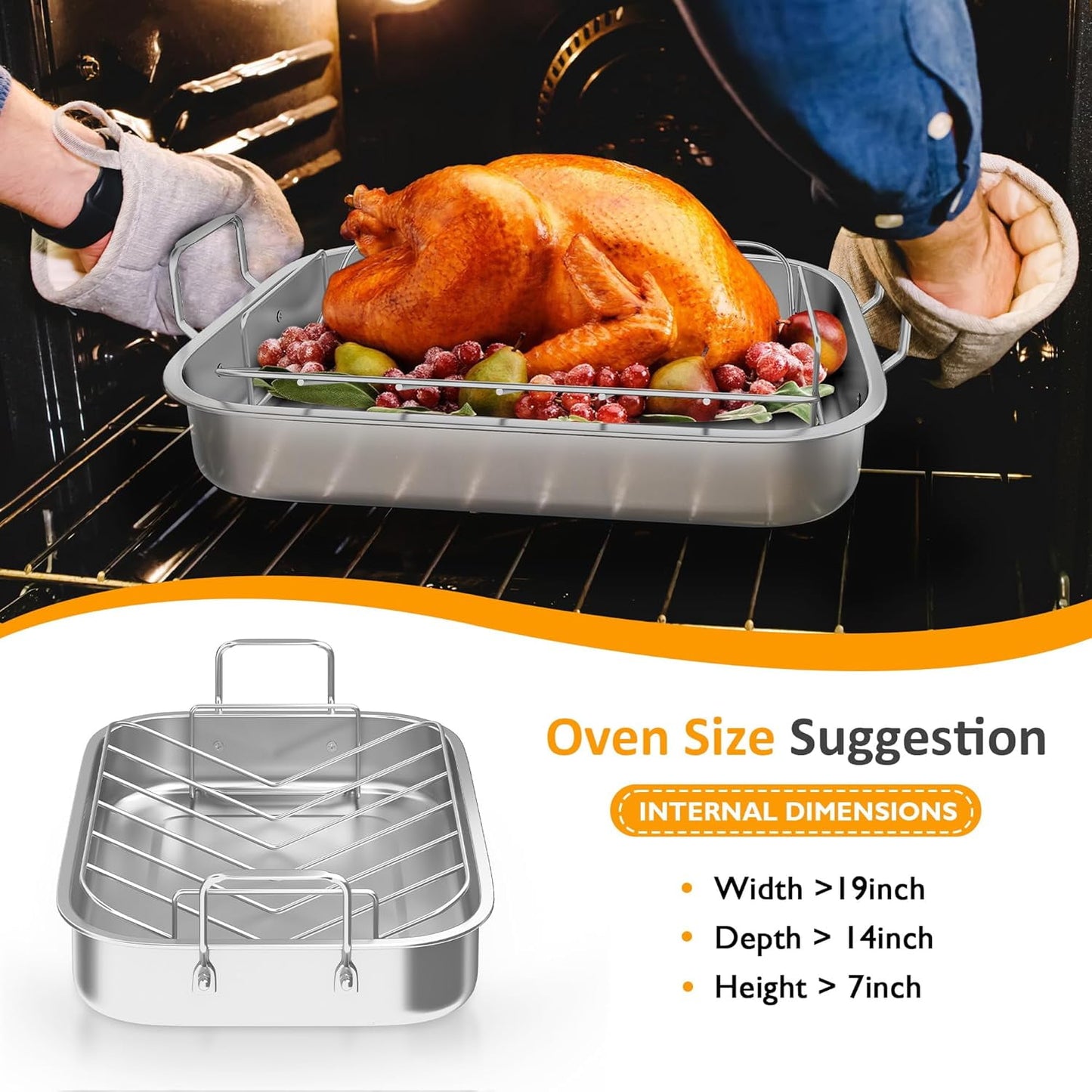 Sunvivi 15.6" Roasting Pan with V-Shaped Rack, Deep Stainless Steel Turkey Roaster, Dishwasher Safe