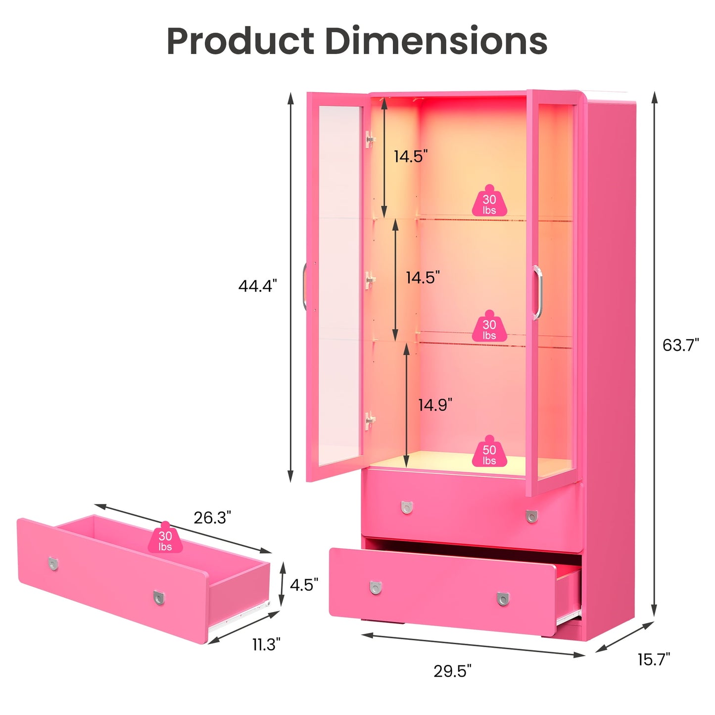 Heynemo 64'' Tall Display Cabinet with Acrylic Doors and LED Lights, Pink