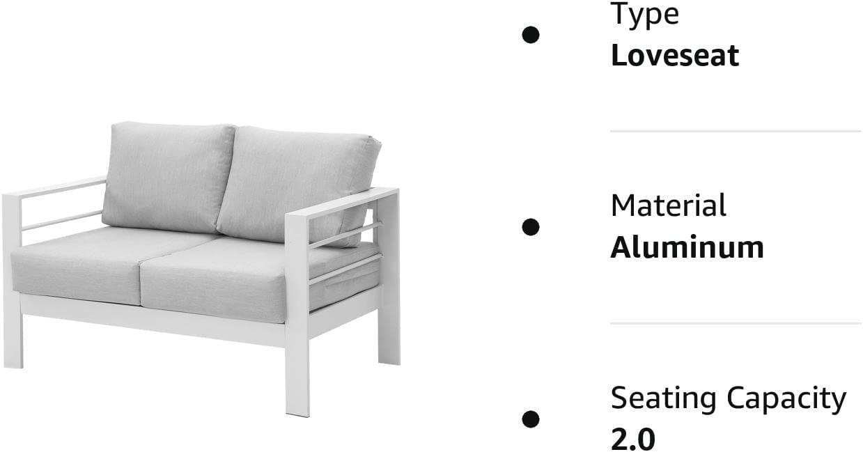 Superjoe Outdoor 2 Seats Patio Aluminum Loveseat Furniture, All-Weather Sofa Couch White Metal Chair with Cushions, Light Grey