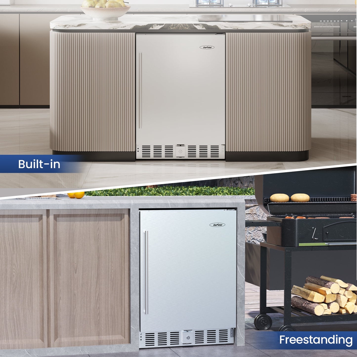 Heynemo 24 Inch Indoor/Outdoor Beverage Refrigerator (32-50¨H), Silver Under Counter Drink Fridge for Patio, Office, Kitchen, Bar, Built-in/Freestanding Can Cooler with Lock & 3 Adjustable Shelves