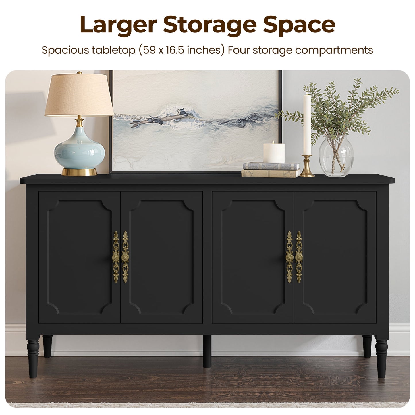 May in Color 58" Wood Buffet Cabinet, Mid-Century Modern Console Cabinet, with 4 Door & Media Storage, for Entryway, Living Room, Dining Room, Bedroom, Black