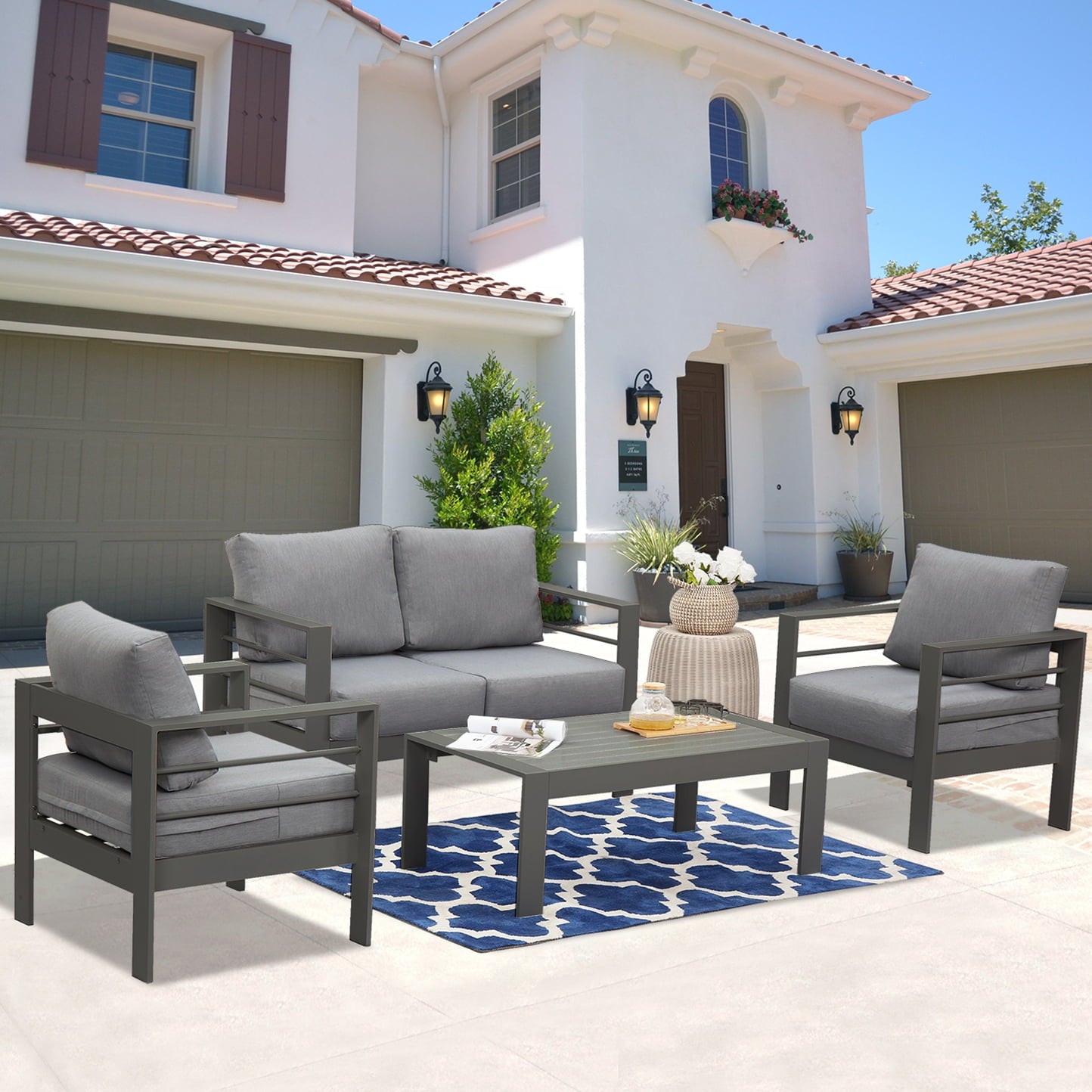 Superjoe Outdoor 2-Seat Patio Aluminum Loveseat Sofa Couch Furniture with Light Grey Cushions, Grey