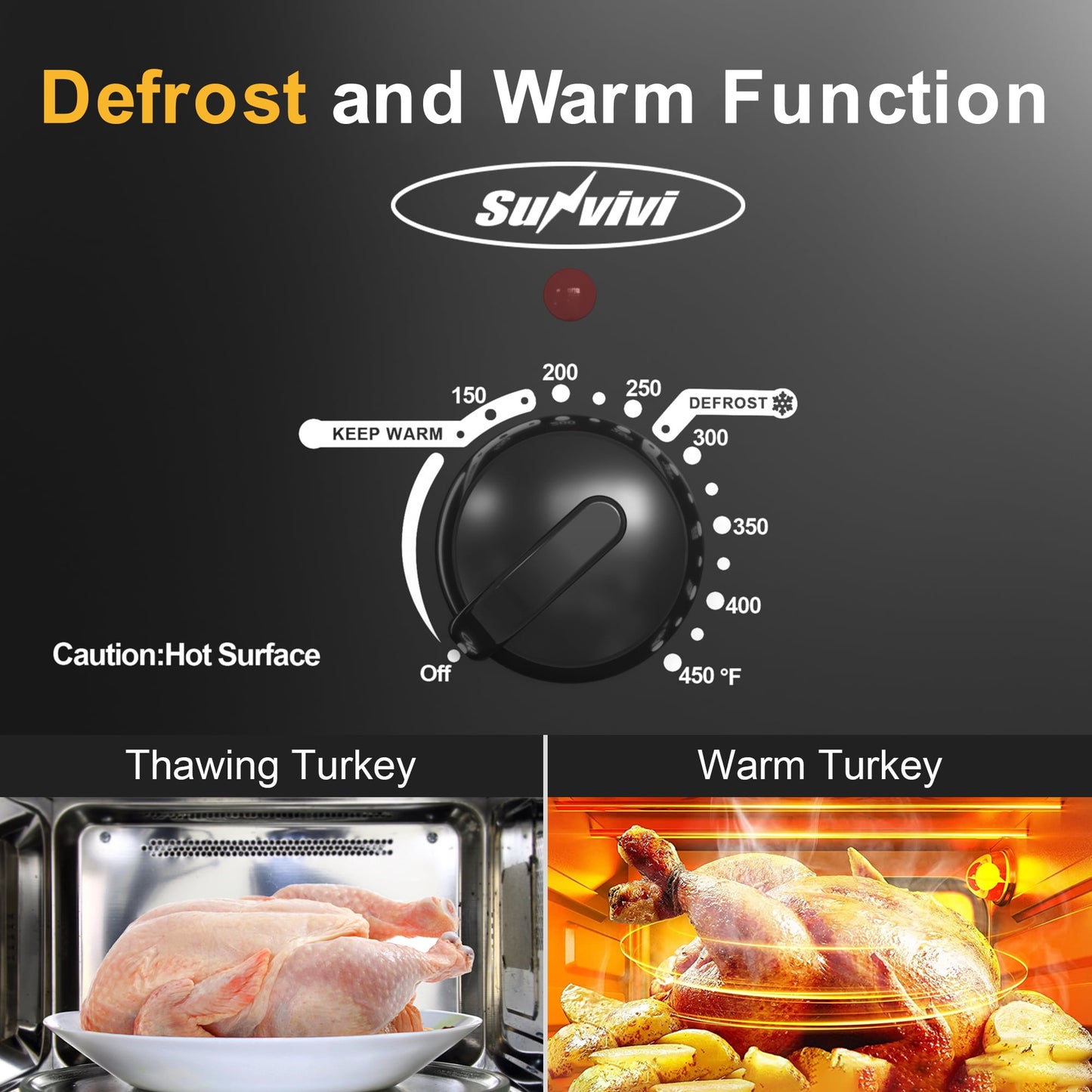 Superjoe 8 QT Electric Roaster Oven with Self-Basting Lid, Turkey Roaster Oven with Defrost Warm Function, Removable Pan and Rack, Stainless Steel Black