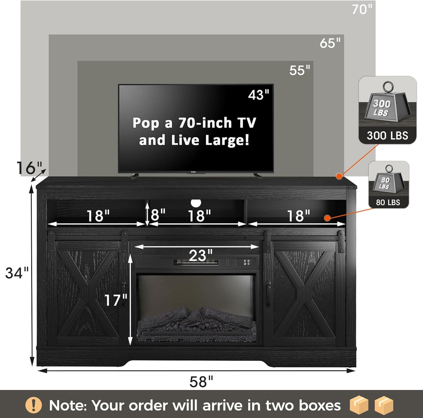 Mayincolor Farmhouse Fireplace TV Stand for 65"+ Inch TV, Entertainment Center with 23" Electric Fireplace with Remote, Modern Rustic TV Console with Sliding Bar Door for Living Room, Black