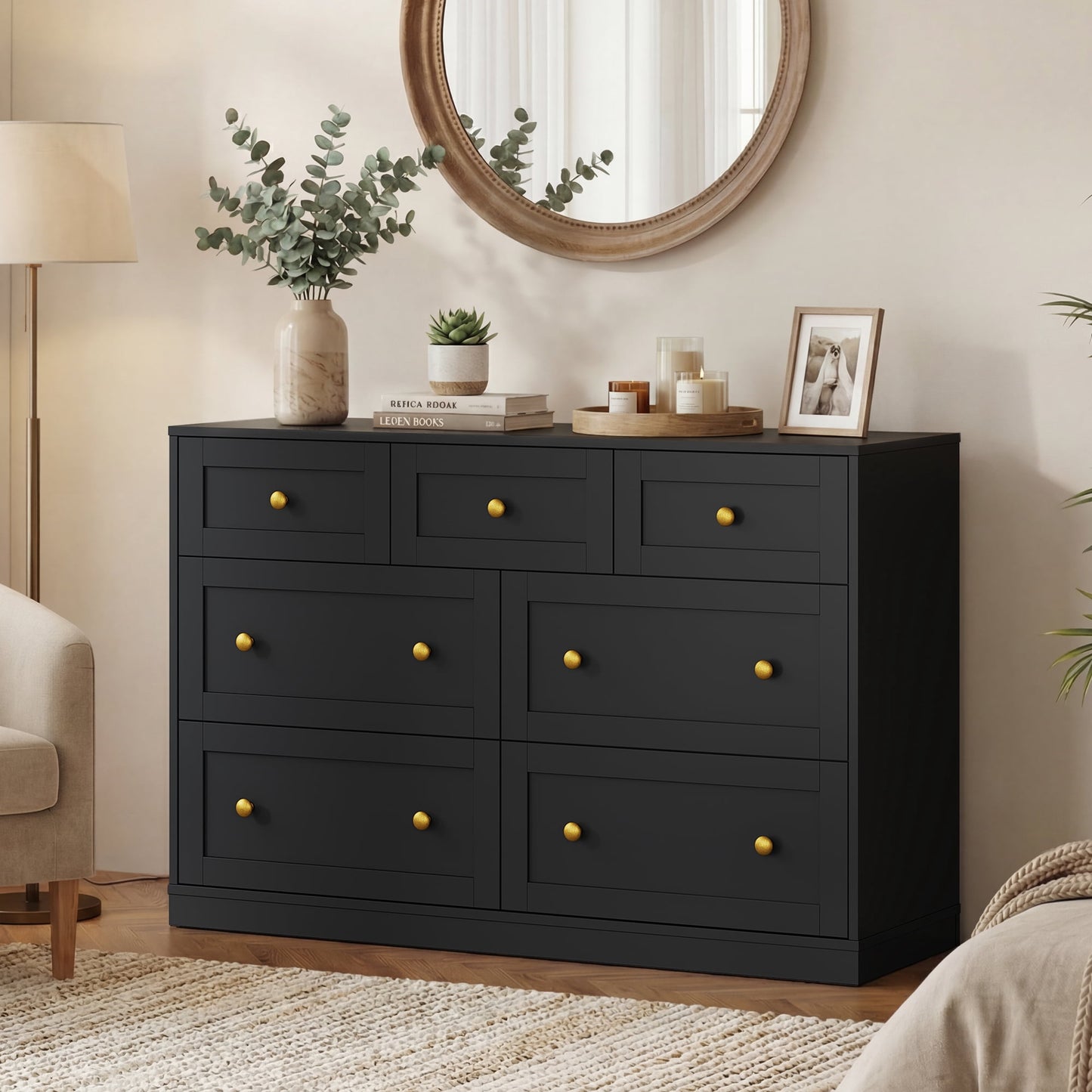 May in Color Dresser for Bedroom with 7 Drawers, Wood Drawer Organizer for Bedroom, Living Room, Hallway, Black