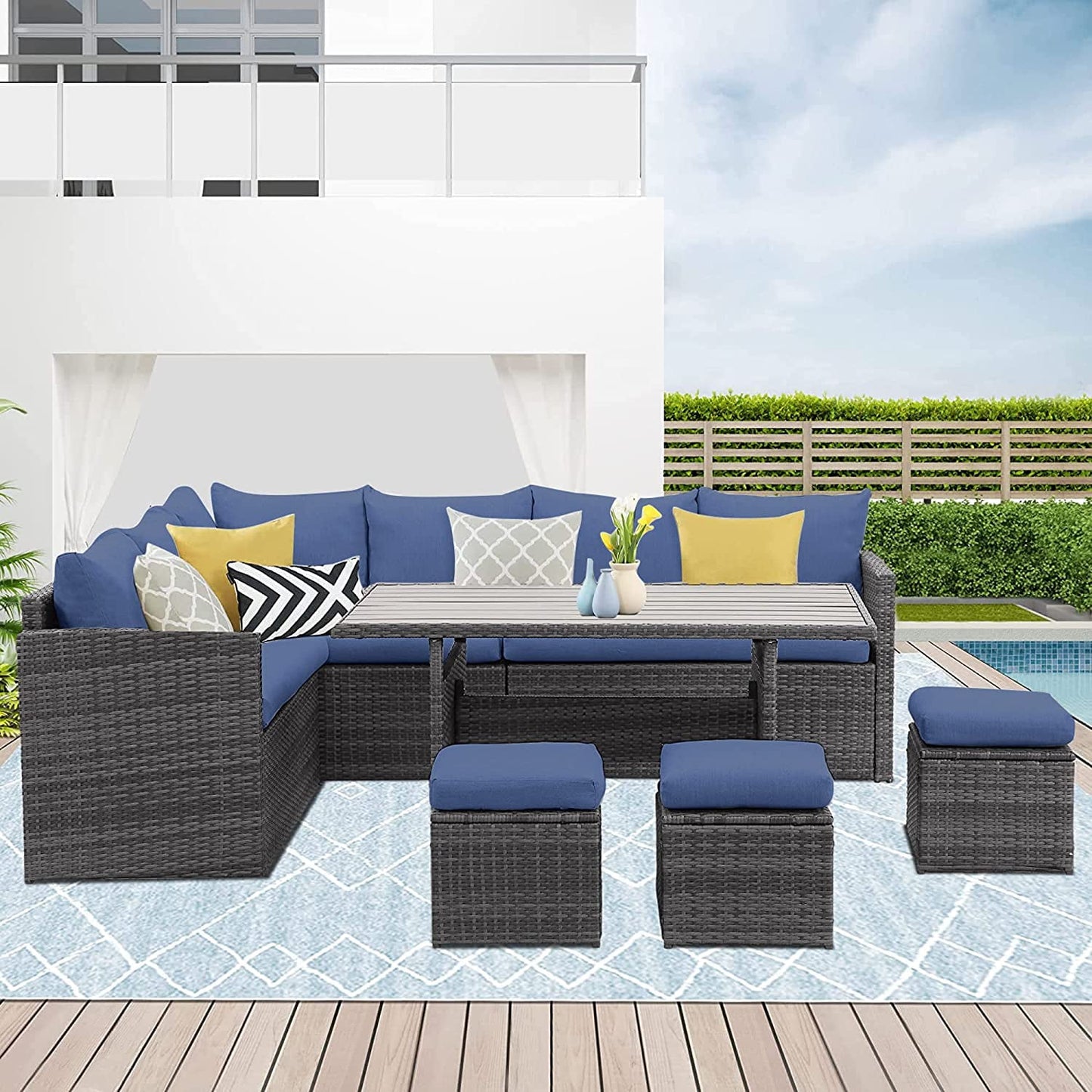 Superjoe 7 Pcs Outdoor Patio Furniture Set Dining Sectional Sofa with Table and Chair All Weather Wicker Conversation Set with Ottoman, Blue