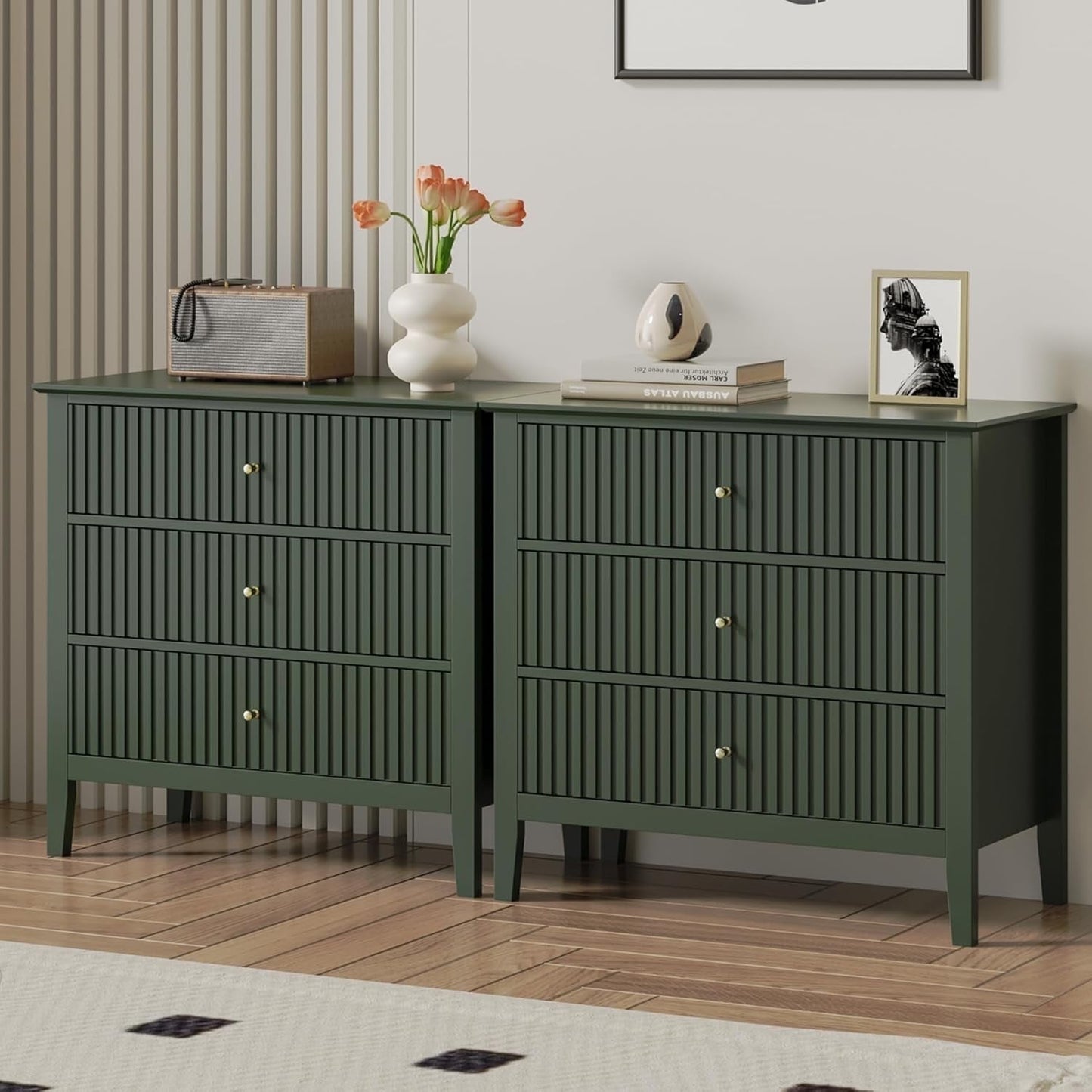 RoyalCraft 3-Drawer Dresser, Fluted Green Chest with Storage, Modern Nightstand for Bedroom, Living Room