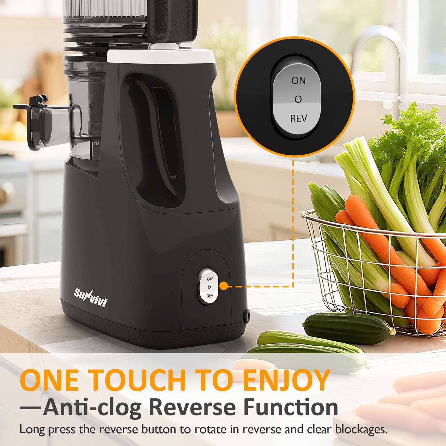 Sunvivi Slow Cold Press Juicer with 5.9" Wide Feed Chute - Masticating Juicer - Black
